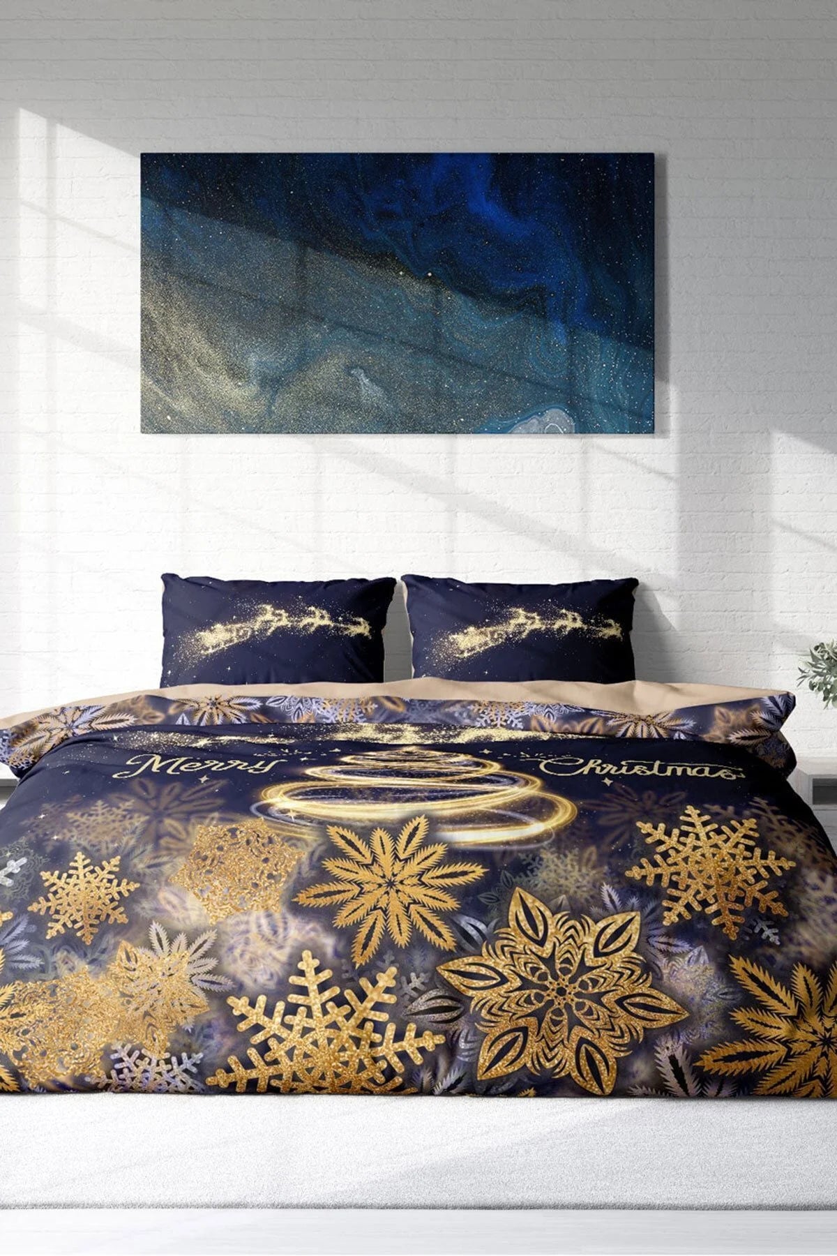 Yılbaşı Nevresim Takım %100 Doğal Pamuk Merry Christmas Çift Kişilik Gold Coffee