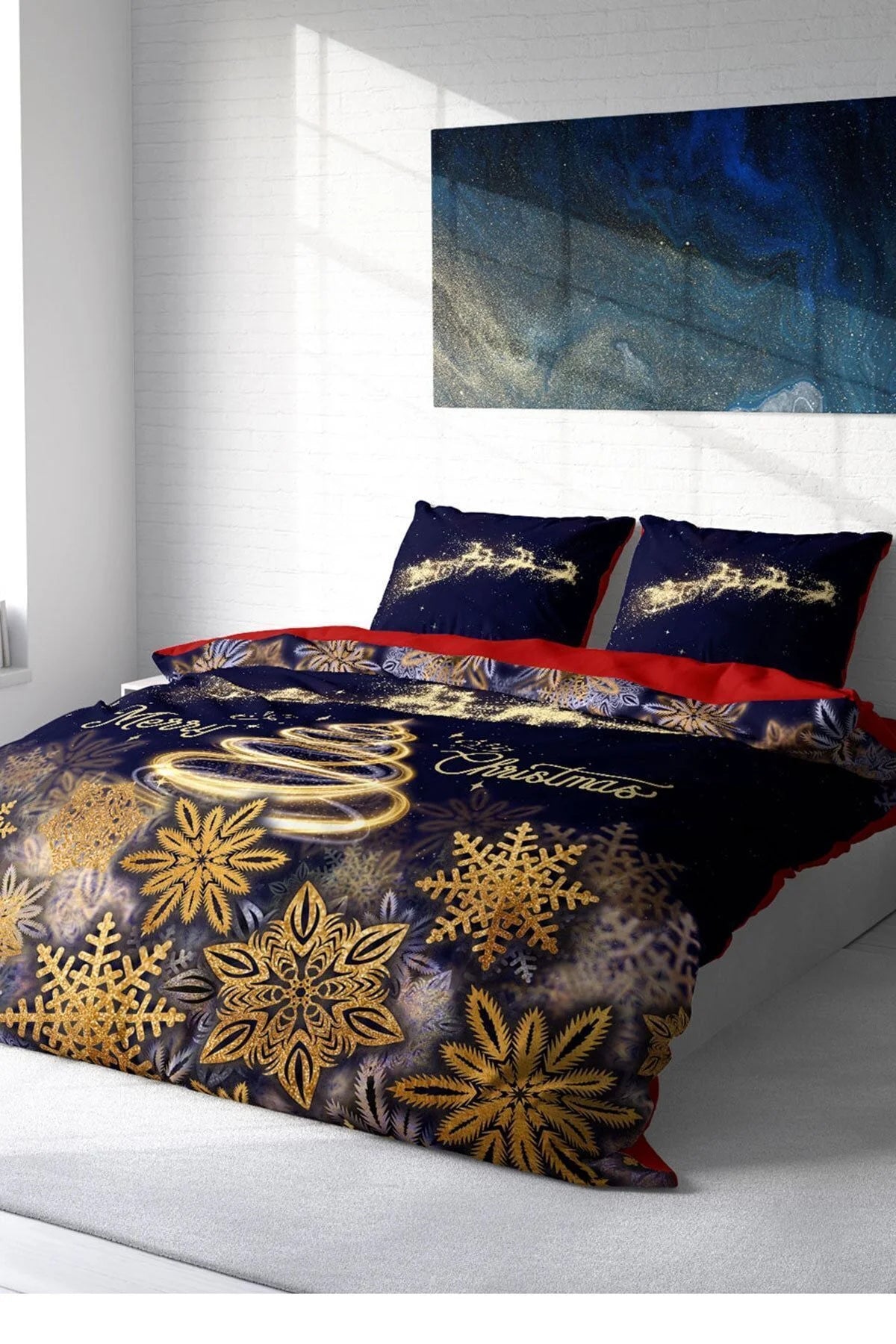 Yılbaşı Nevresim Takım %100 Doğal Pamuk Merry Christmas Çift Kişilik Gold Red