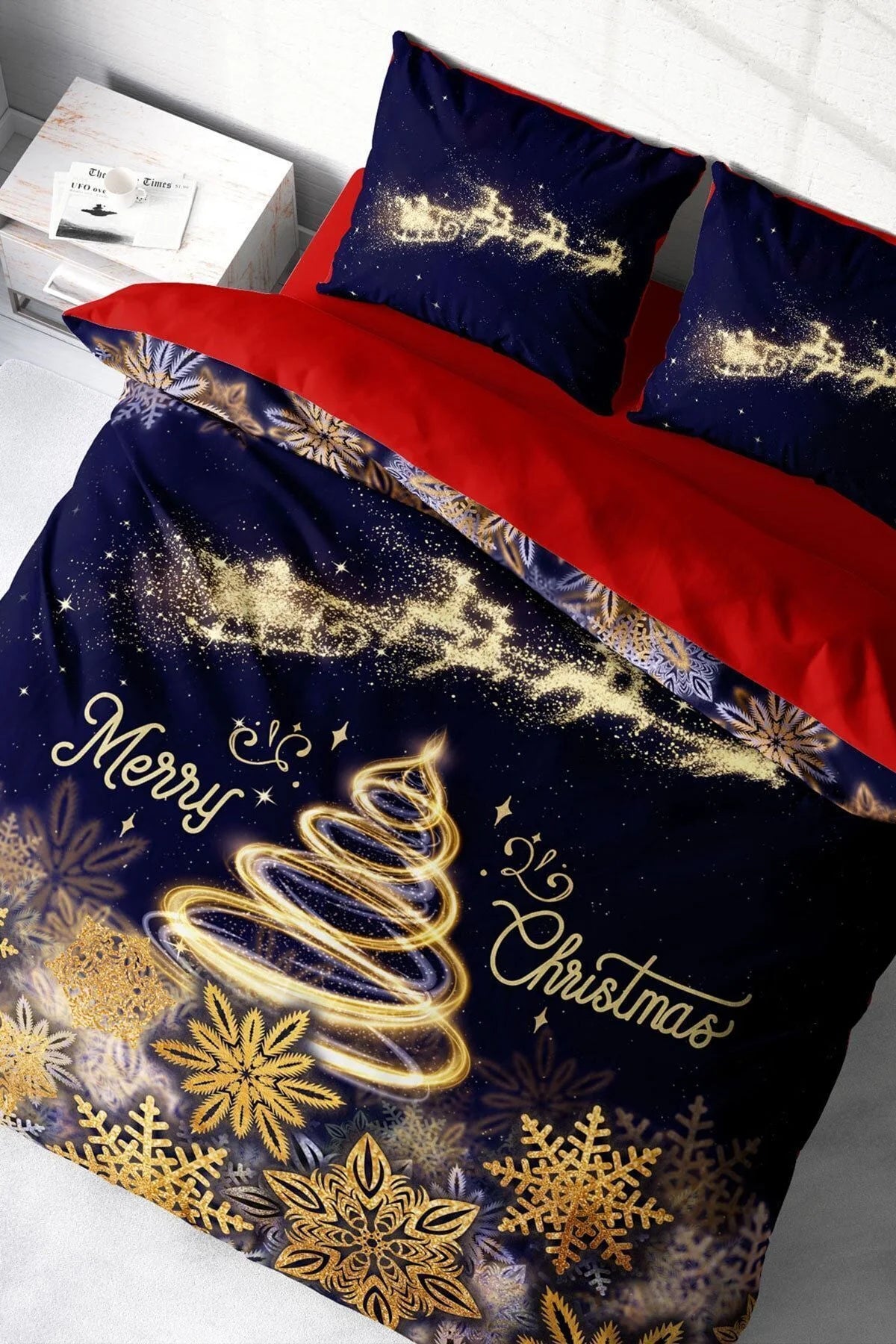 Yılbaşı Nevresim Takım %100 Doğal Pamuk Merry Christmas Çift Kişilik Gold Red