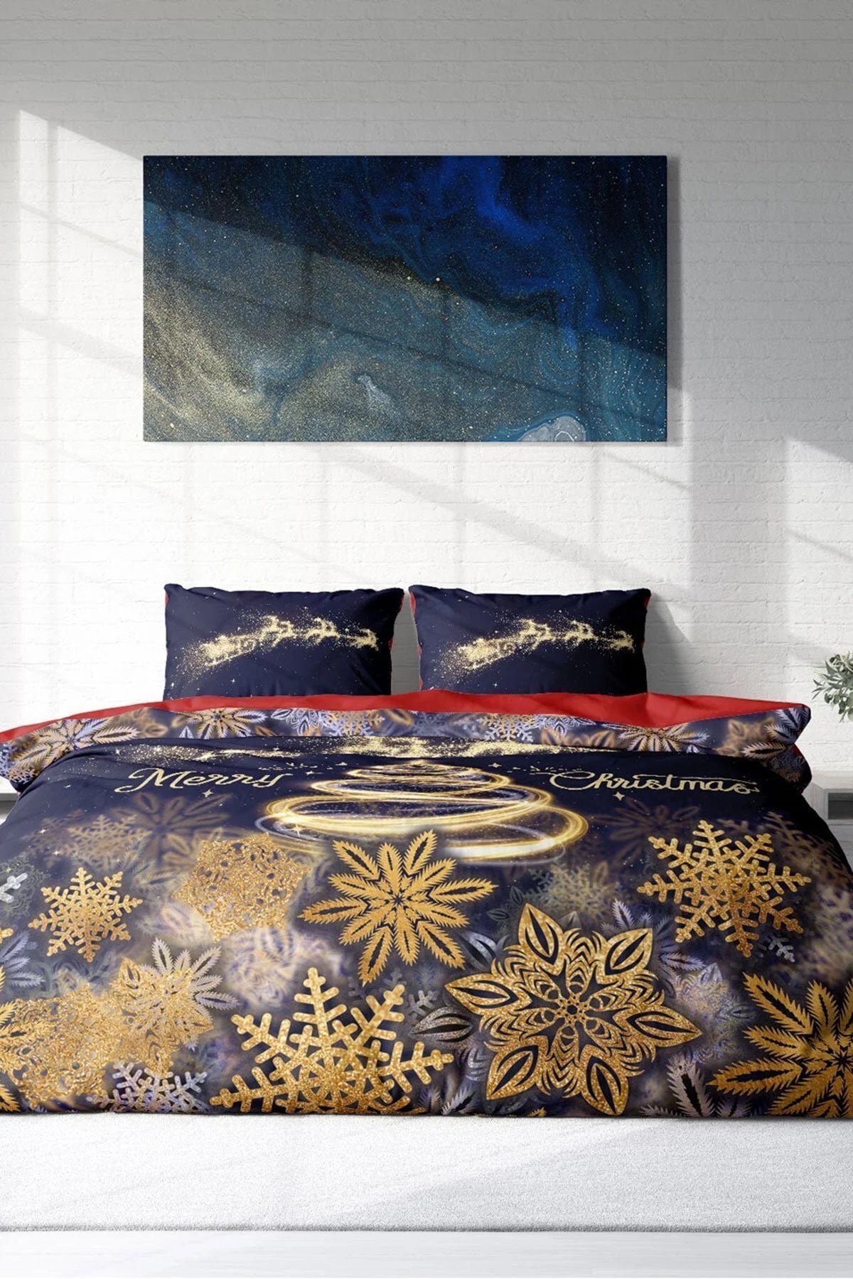 Yılbaşı Nevresim Takım %100 Doğal Pamuk Merry Christmas Çift Kişilik Gold Red