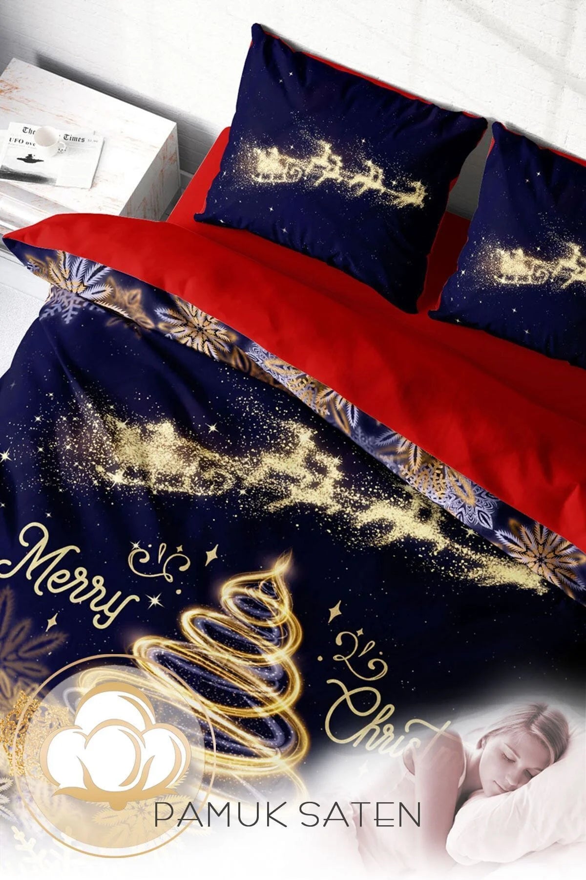 Yılbaşı Nevresim Takım %100 Doğal Pamuk Merry Christmas Çift Kişilik Gold Red