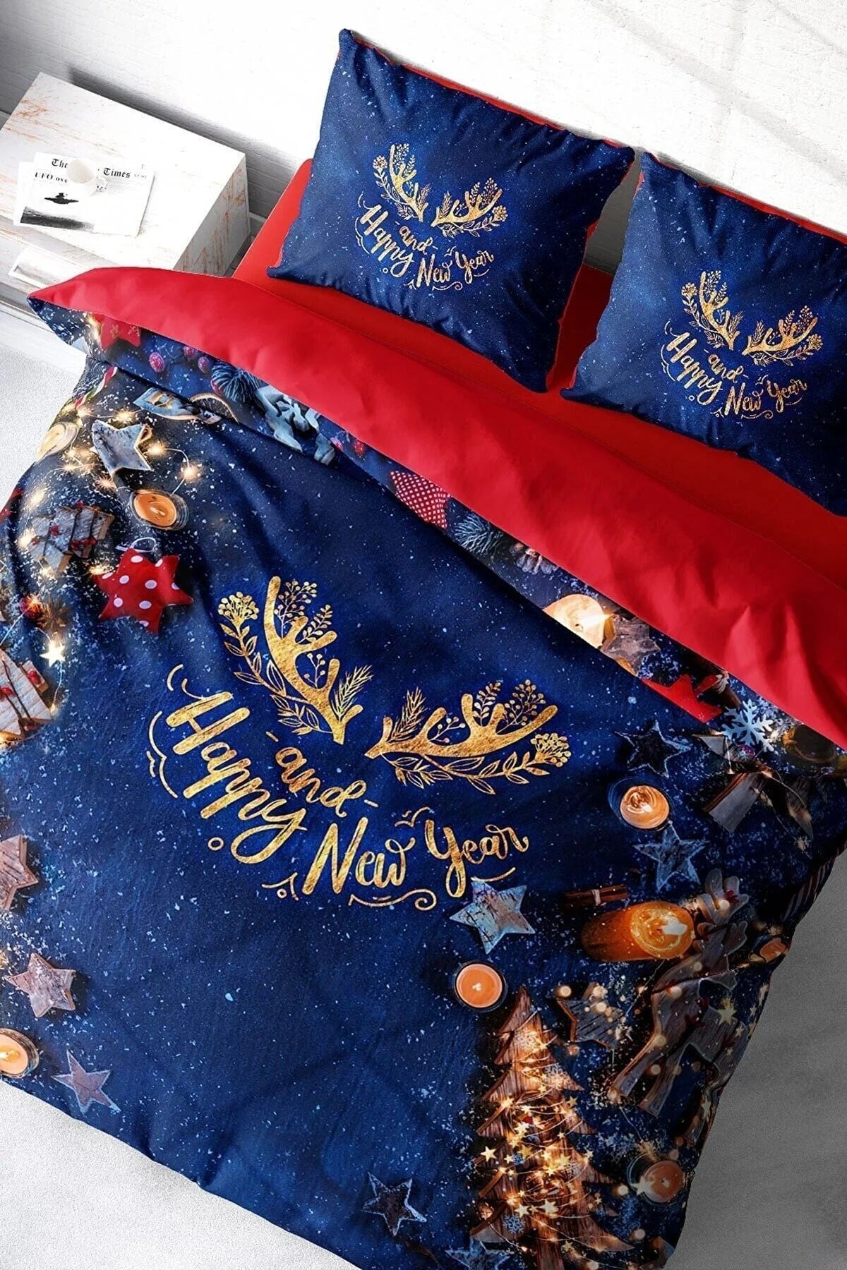 Yılbaşı Nevresim Takım %100 Doğal Pamuk Merry Christmas Çift Kişilik Happy