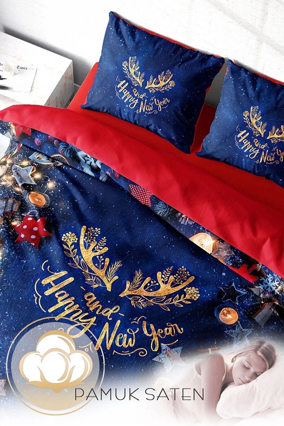 Yılbaşı Nevresim Takım %100 Doğal Pamuk Merry Christmas Çift Kişilik Happy