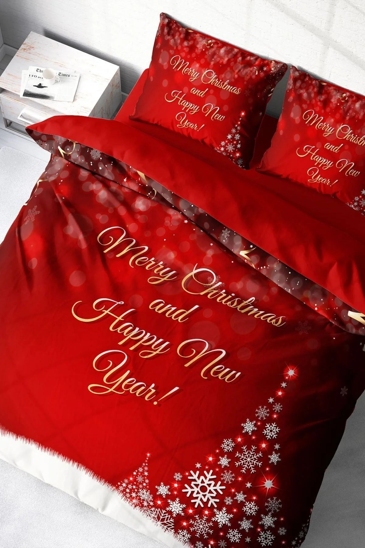 Yılbaşı Nevresim Takım %100 Doğal Pamuk Merry Christmas Çift Kişilik Happy New