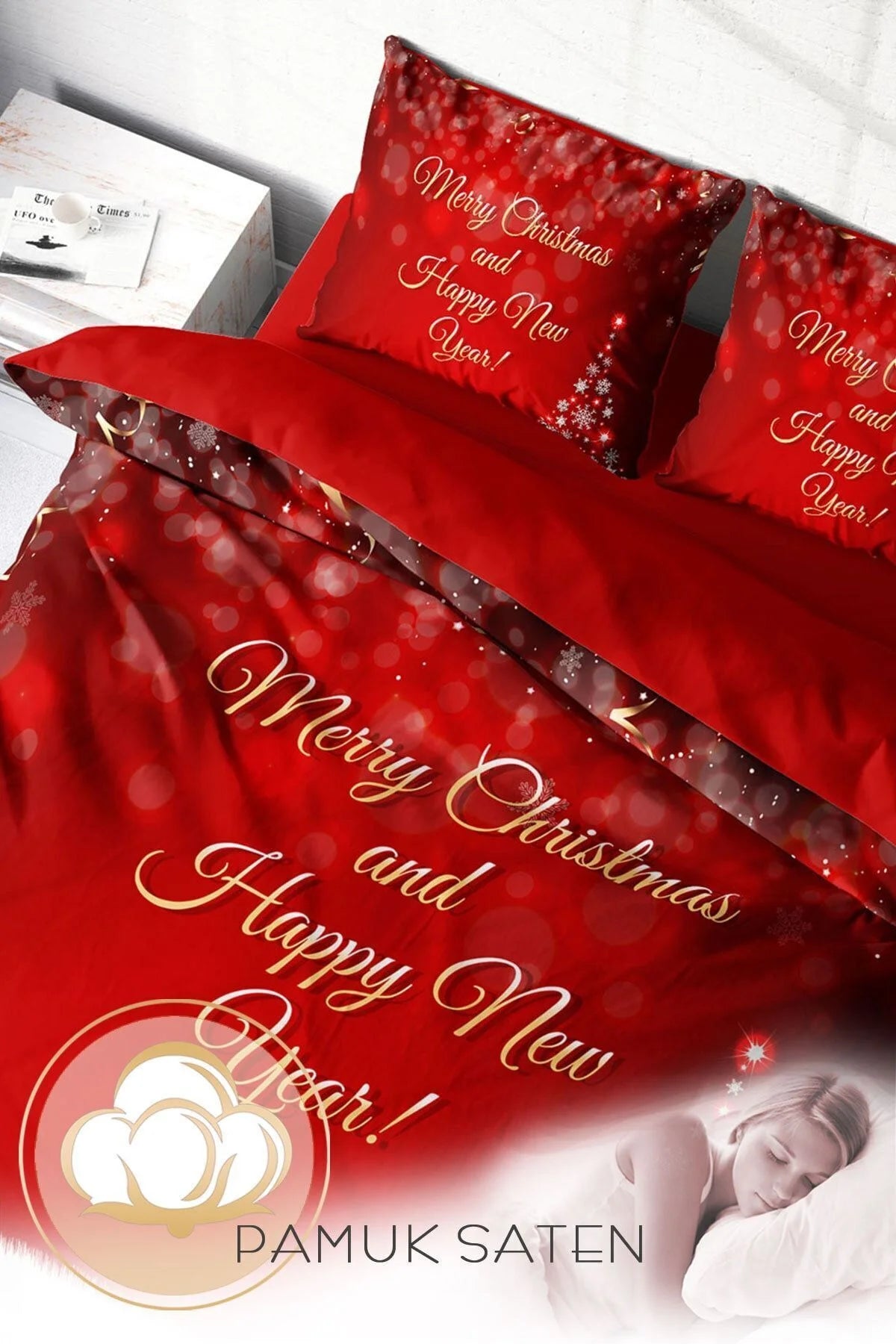 Yılbaşı Nevresim Takım %100 Doğal Pamuk Merry Christmas Çift Kişilik Happy New