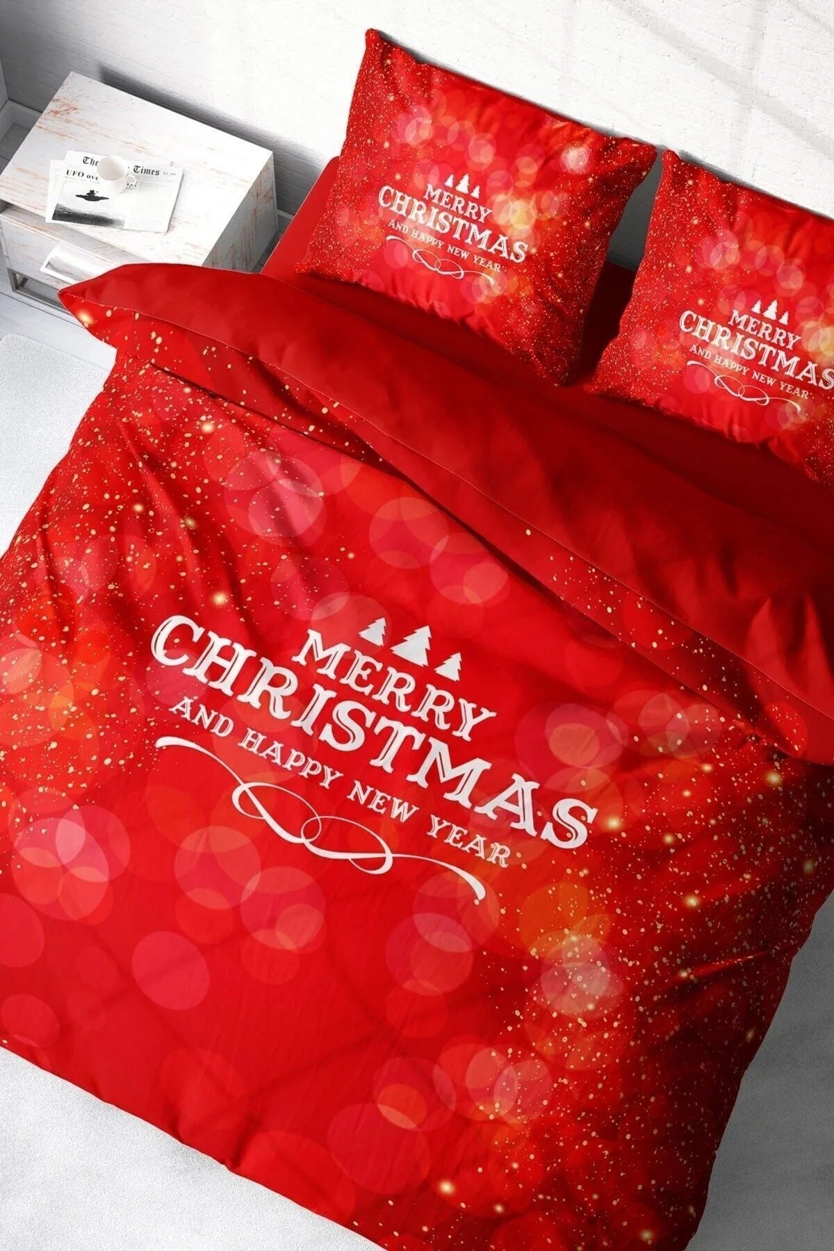 Yılbaşı Nevresim Takım %100 Doğal Pamuk Merry Christmas Çift Kişilik Merry Red