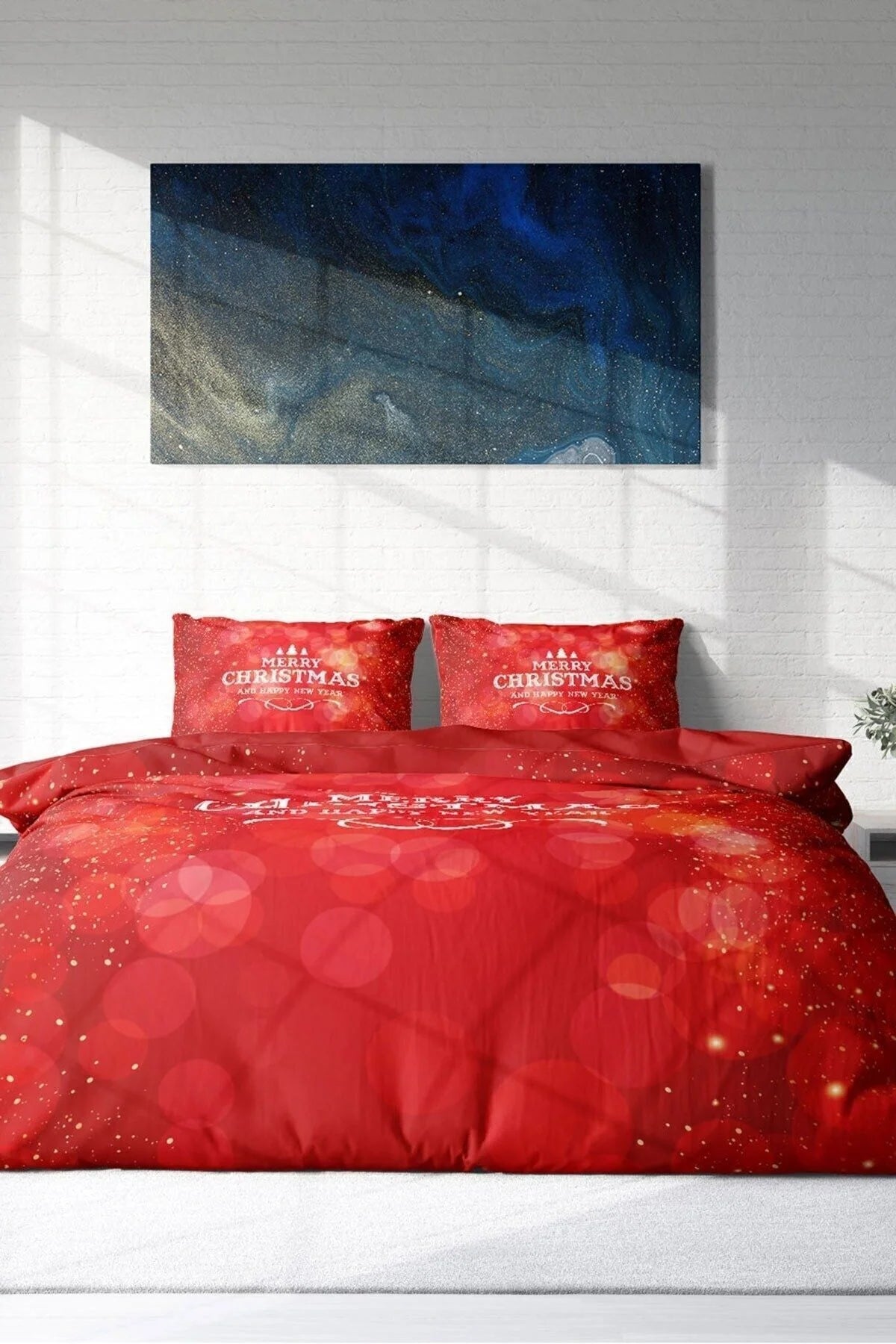 Yılbaşı Nevresim Takım %100 Doğal Pamuk Merry Christmas Çift Kişilik Merry Red