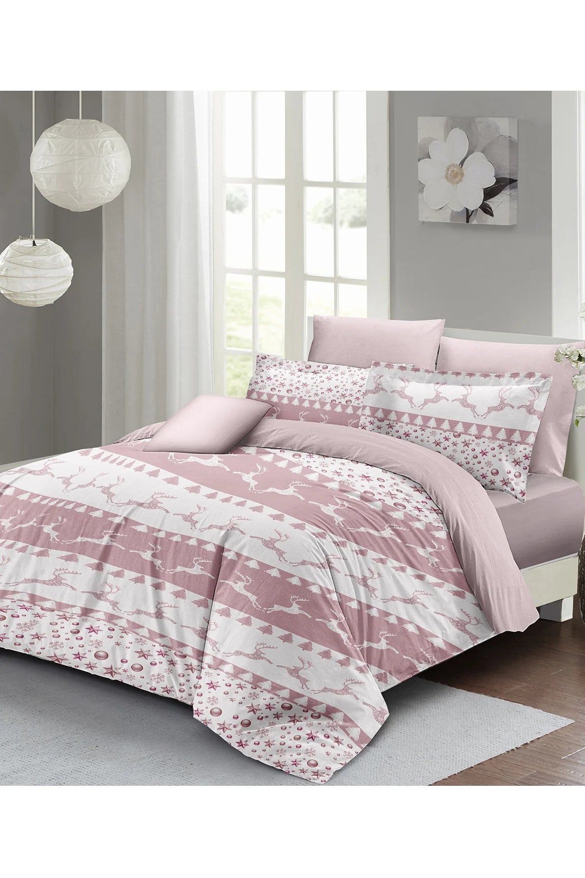 Yılbaşı Nevresim Takım %100 Doğal Pamuk Merry Christmas Çift Kişilik Powder Deers