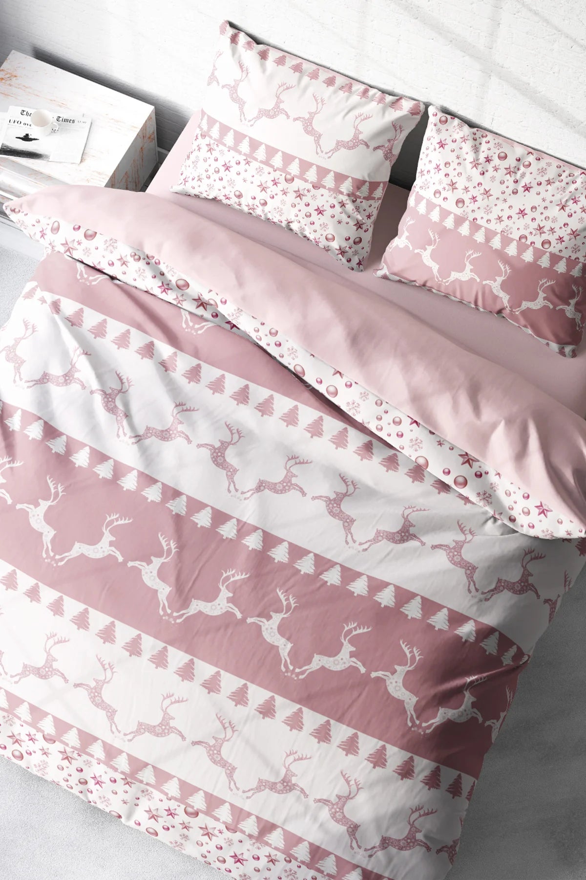 Yılbaşı Nevresim Takım %100 Doğal Pamuk Merry Christmas Çift Kişilik Powder Deers