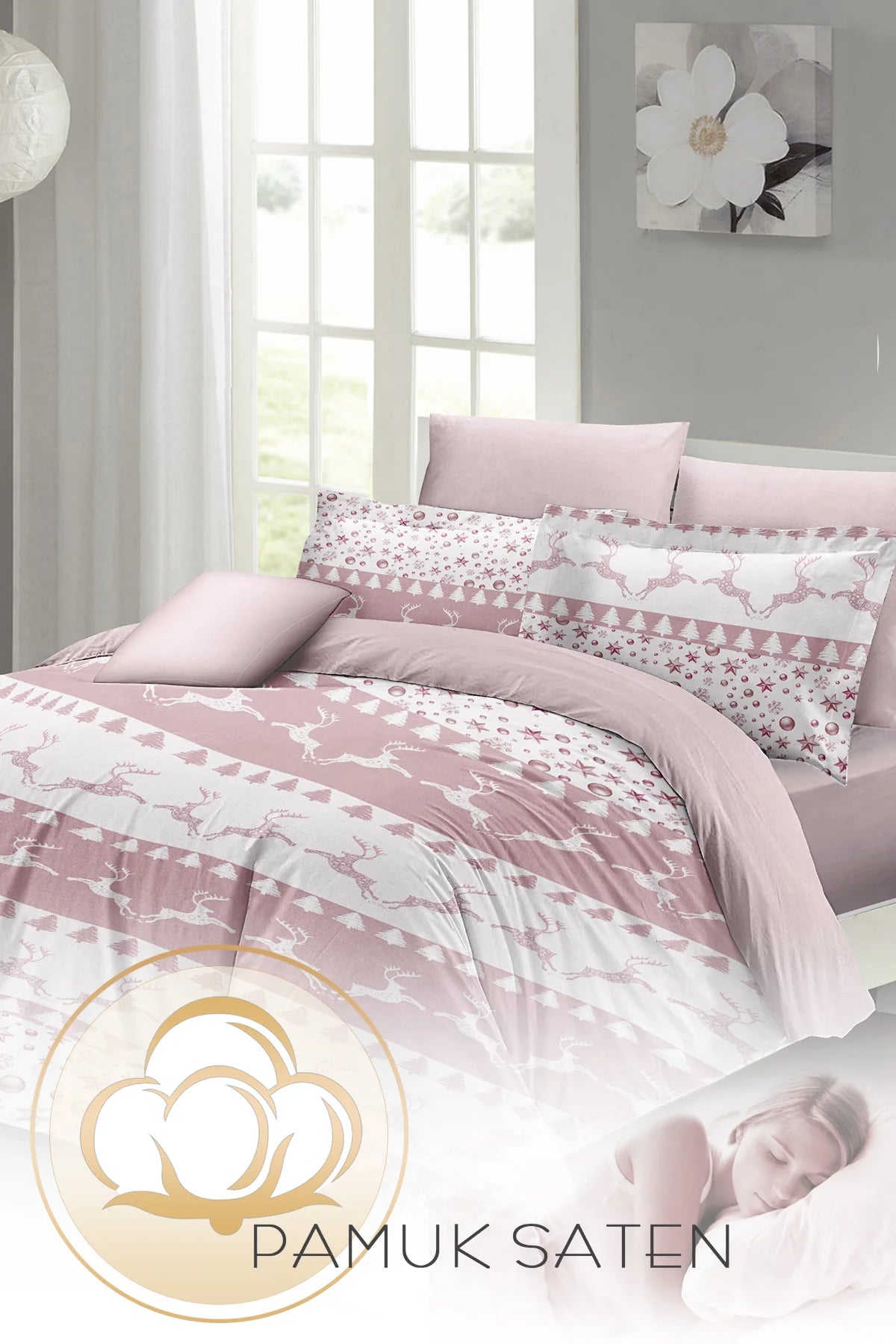 Yılbaşı Nevresim Takım %100 Doğal Pamuk Merry Christmas Çift Kişilik Powder Deers