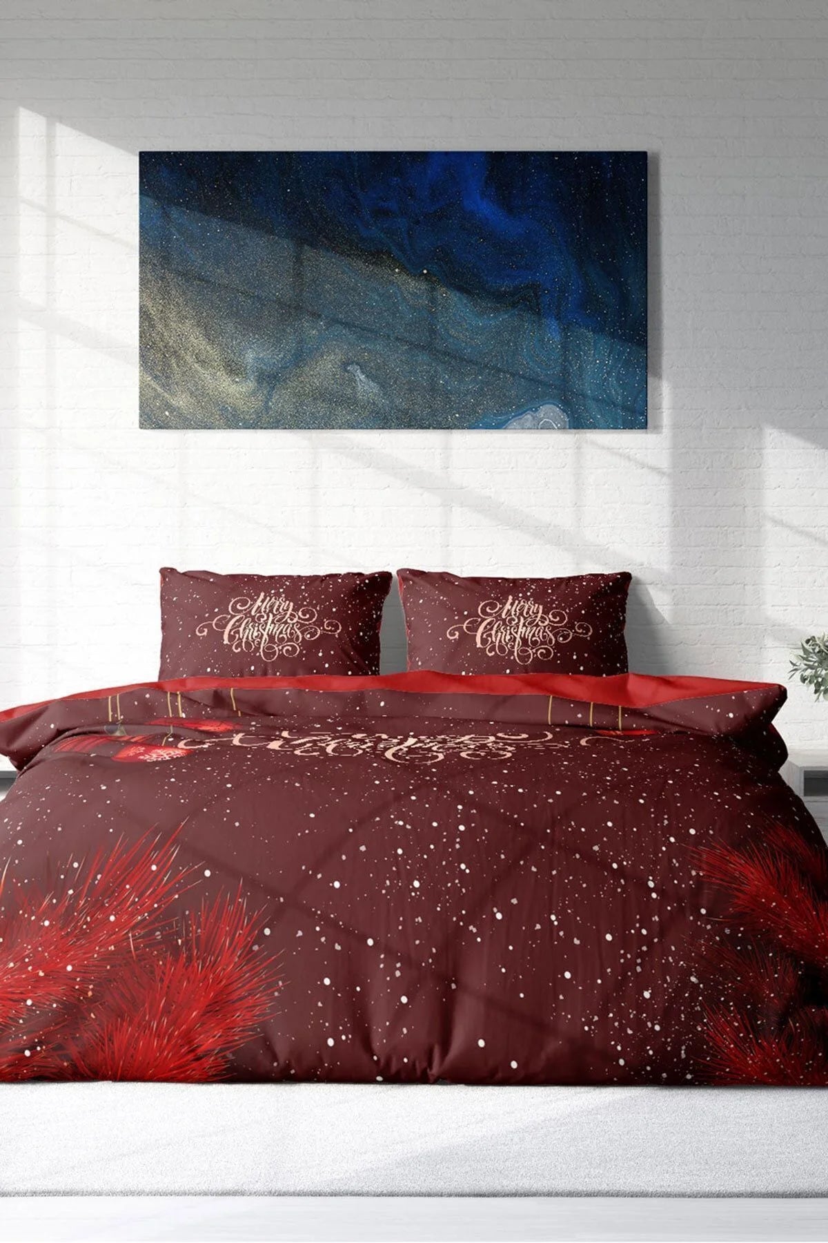 Yılbaşı Nevresim Takım %100 Doğal Pamuk Merry Christmas Çift Kişilik Red Ball