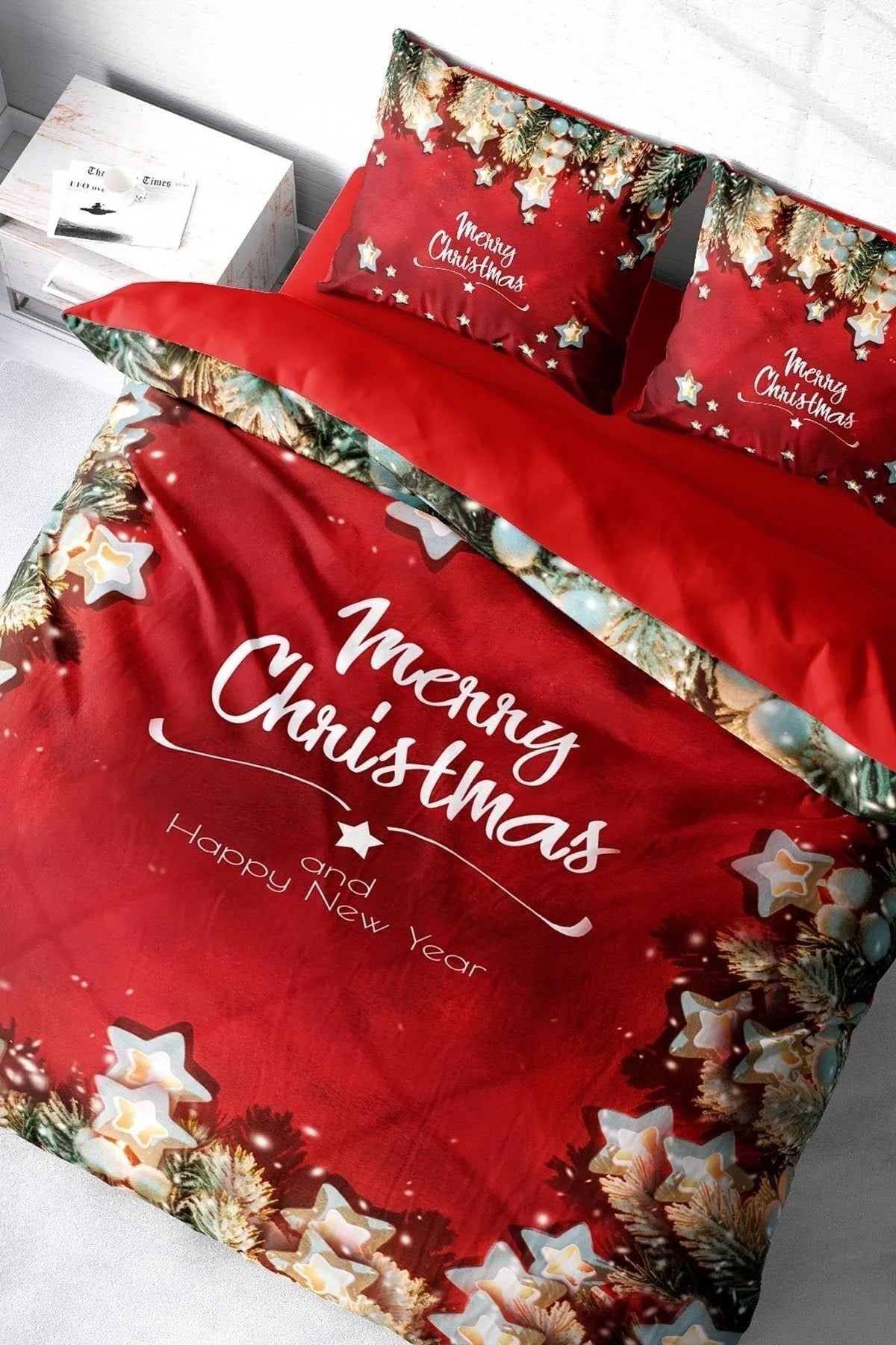 Yılbaşı Nevresim Takım %100 Doğal Pamuk Merry Christmas Çift Kişilik Red Stars