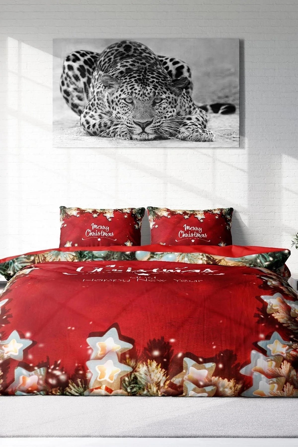 Yılbaşı Nevresim Takım %100 Doğal Pamuk Merry Christmas Çift Kişilik Red Stars