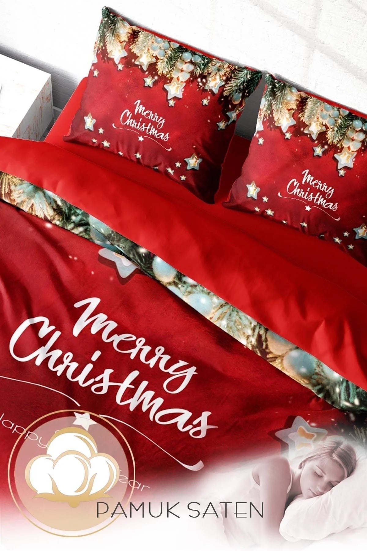 Yılbaşı Nevresim Takım %100 Doğal Pamuk Merry Christmas Çift Kişilik Red Stars