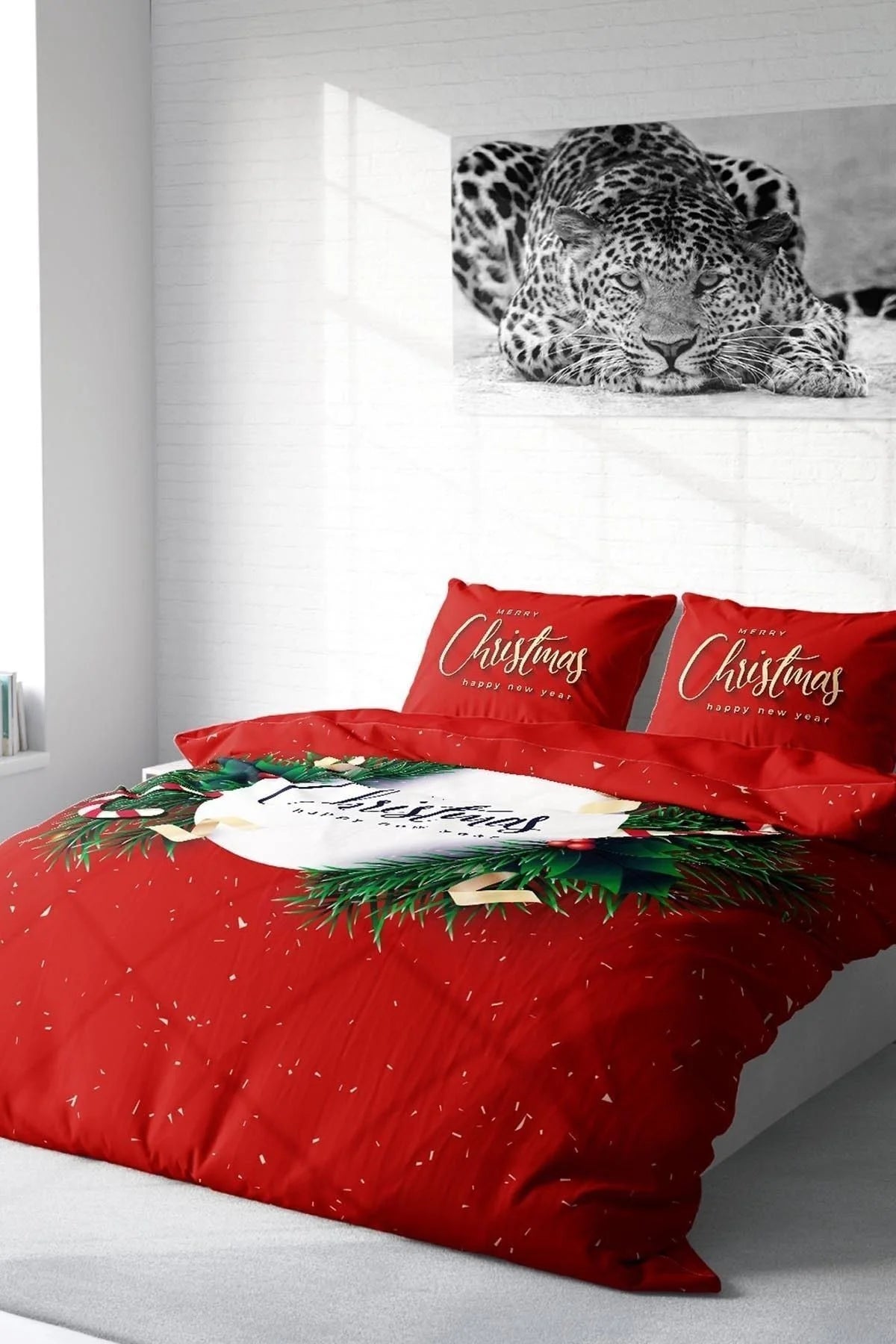 Yılbaşı Nevresim Takım %100 Doğal Pamuk Merry Christmas Çift Kişilik Snowball