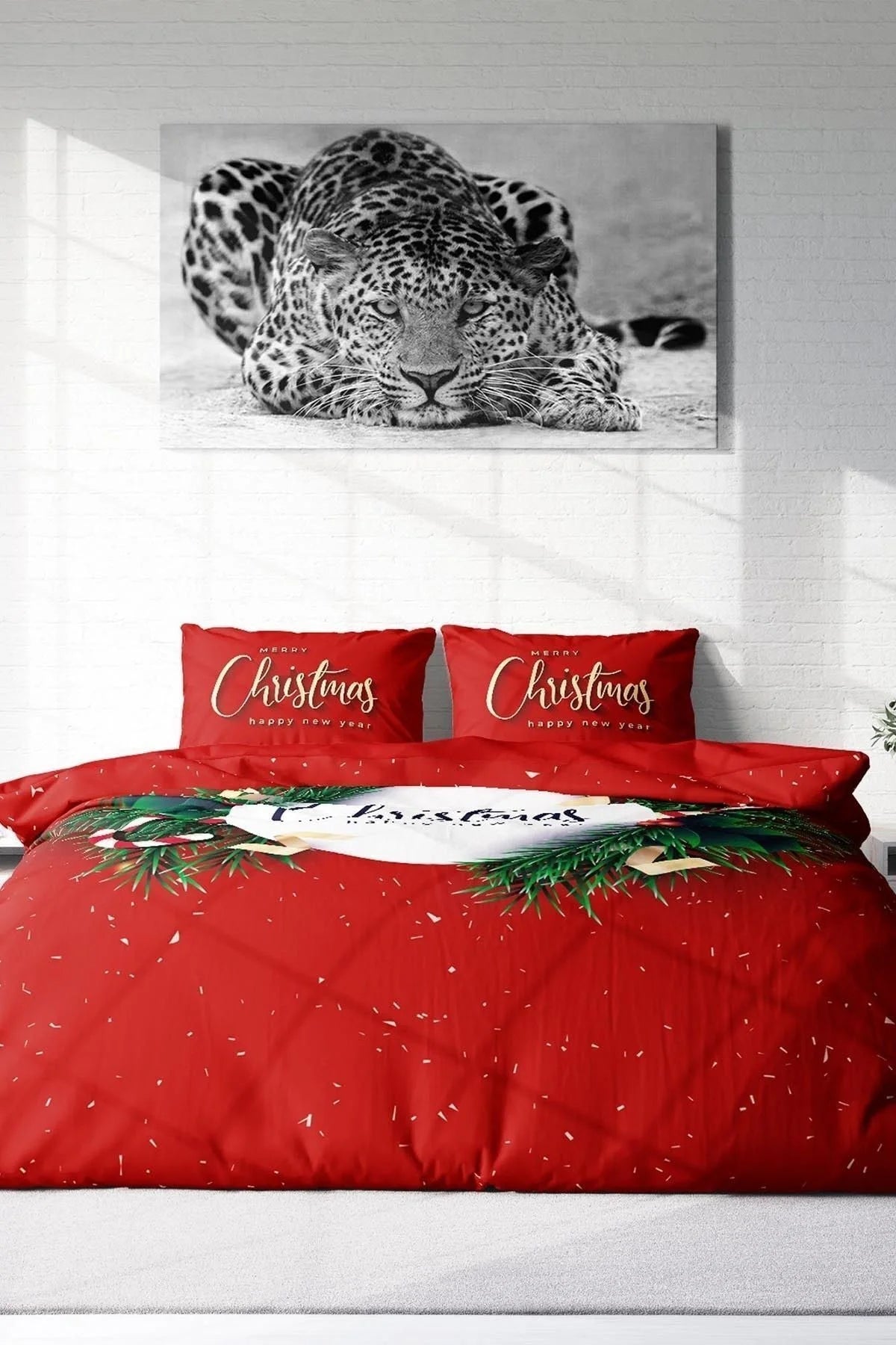 Yılbaşı Nevresim Takım %100 Doğal Pamuk Merry Christmas Çift Kişilik Snowball