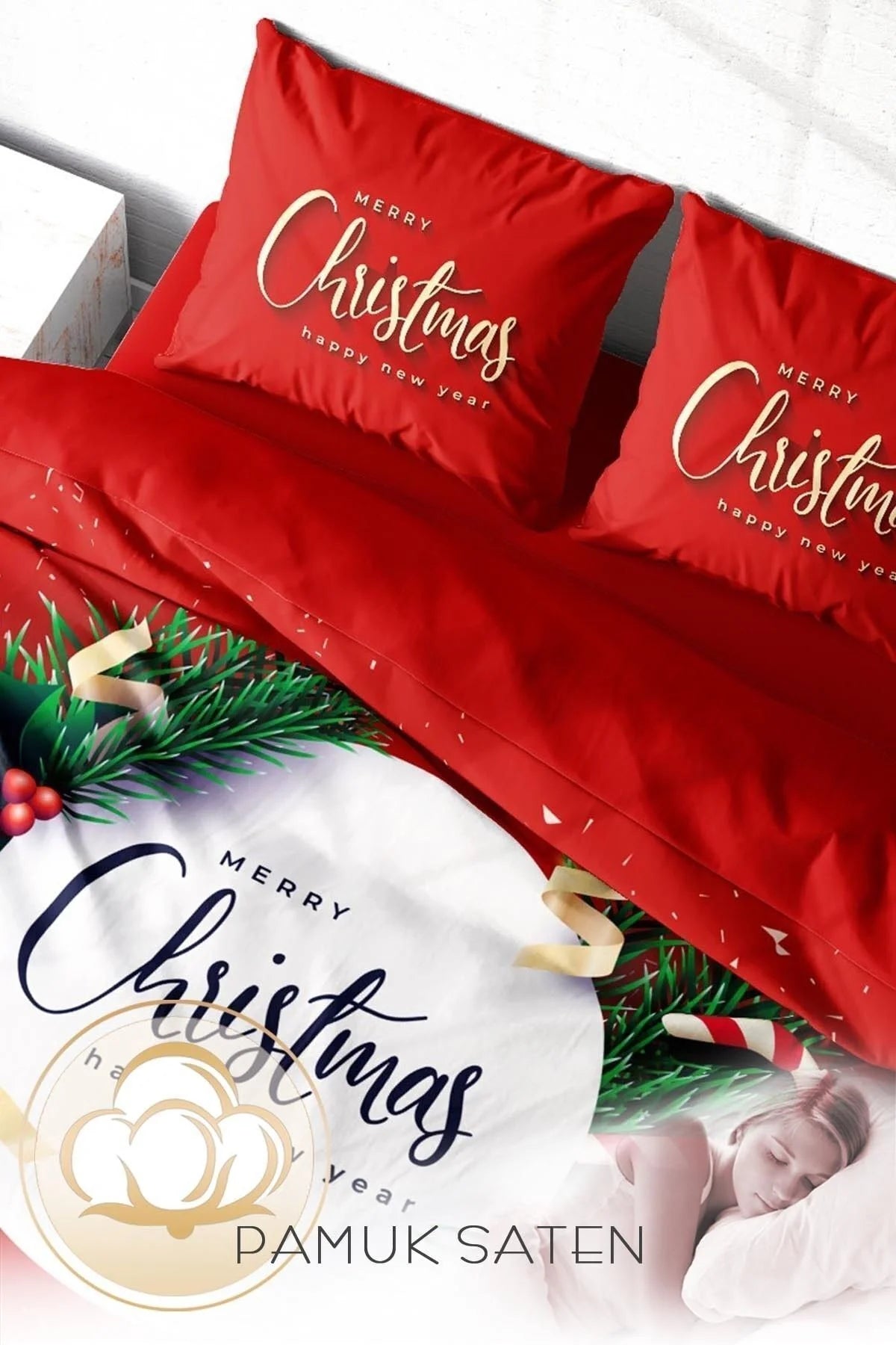 Yılbaşı Nevresim Takım %100 Doğal Pamuk Merry Christmas Çift Kişilik Snowball