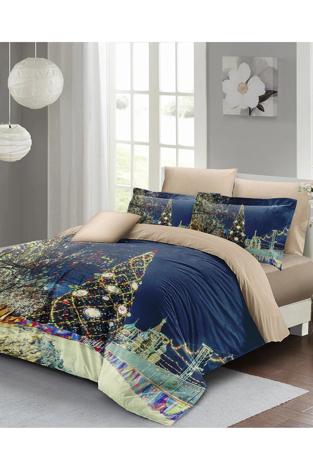 Yılbaşı Nevresim Takım %100 Doğal Pamuk Merry Christmas Çift Kişilik Starry Tree