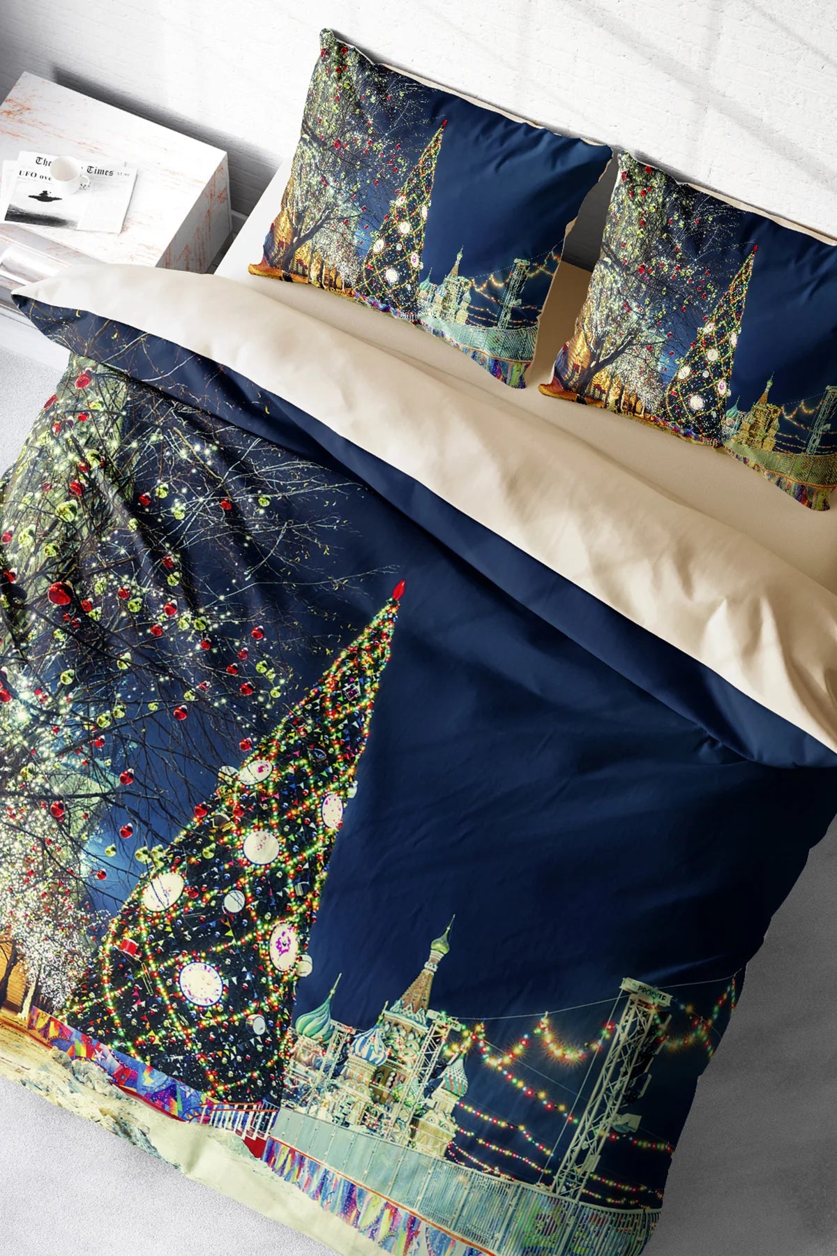 Yılbaşı Nevresim Takım %100 Doğal Pamuk Merry Christmas Çift Kişilik Starry Tree