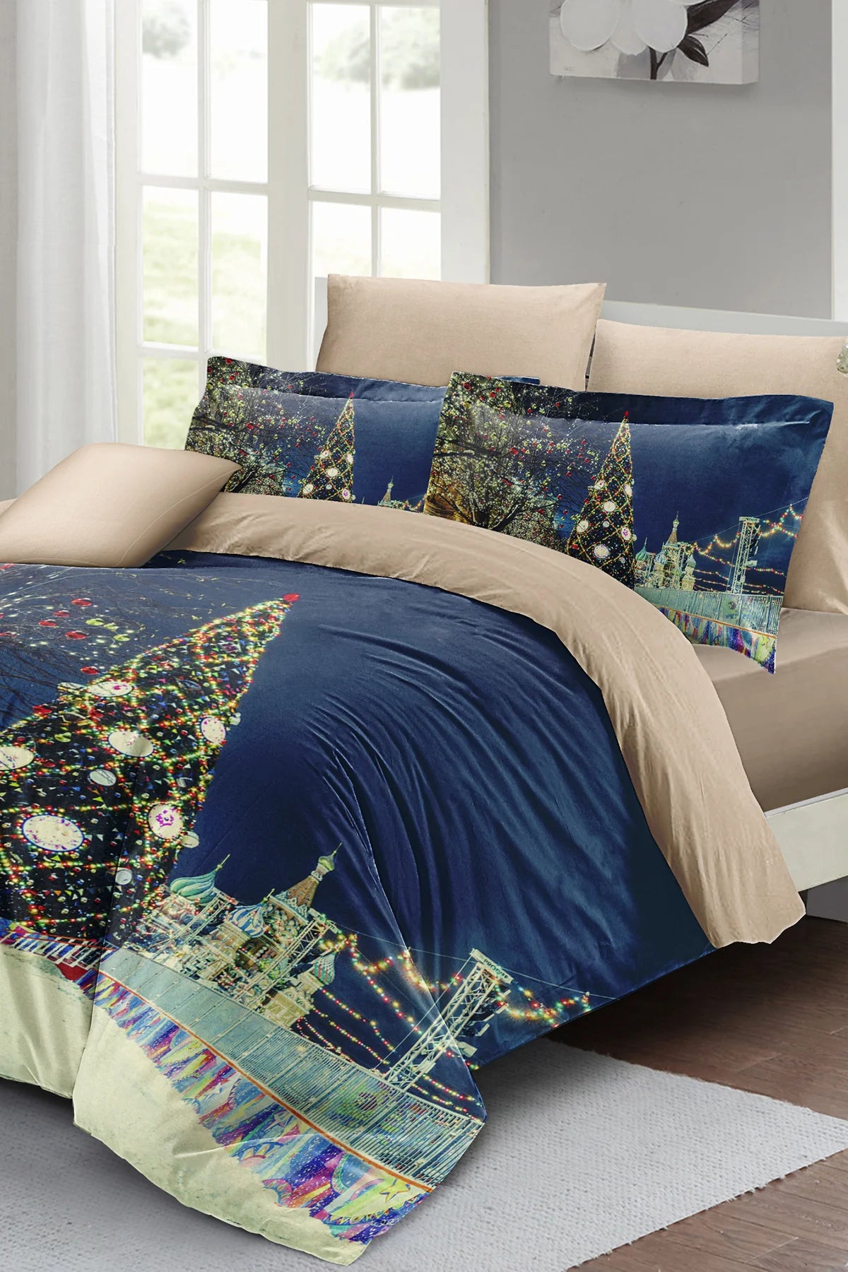 Yılbaşı Nevresim Takım %100 Doğal Pamuk Merry Christmas Çift Kişilik Starry Tree