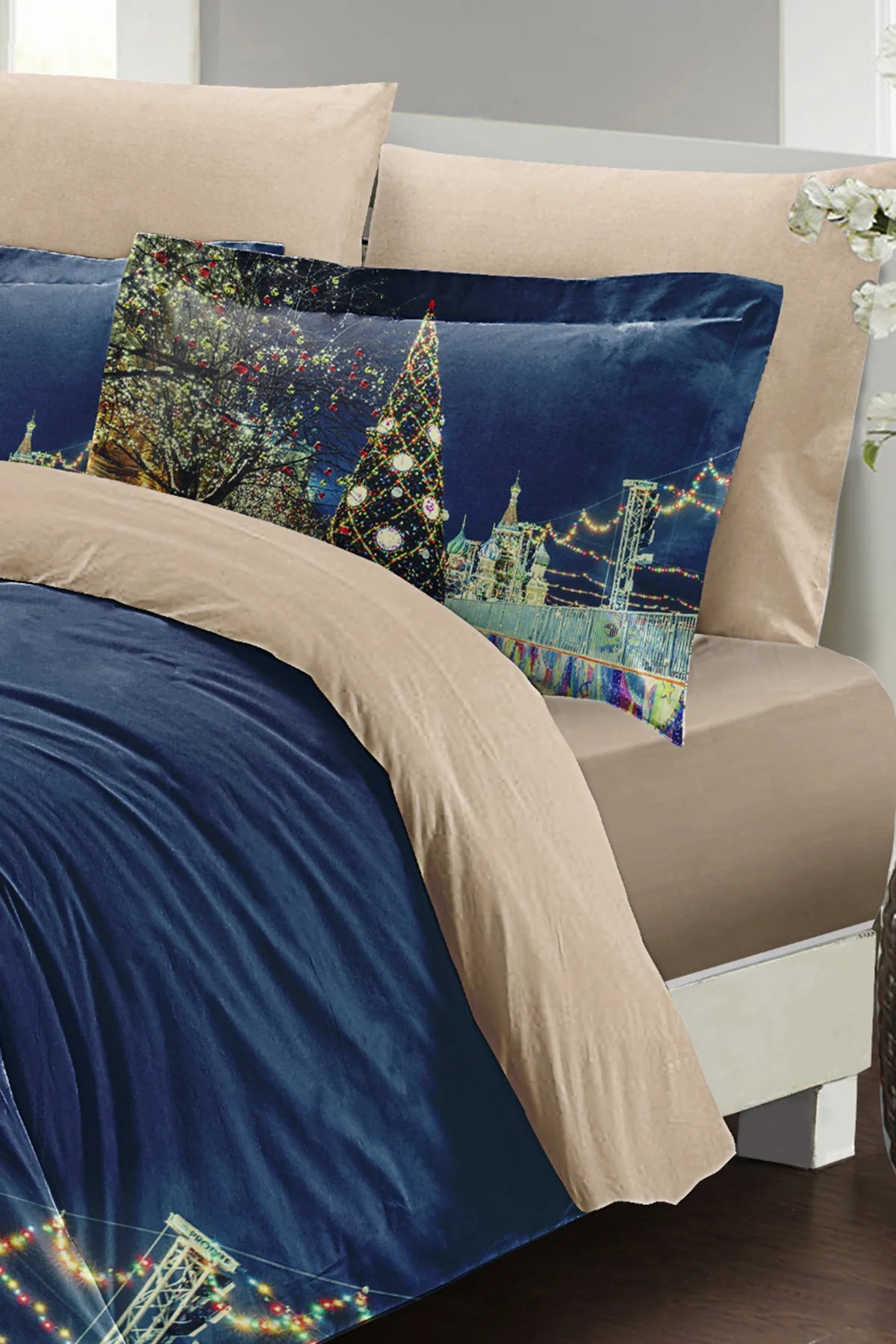 Yılbaşı Nevresim Takım %100 Doğal Pamuk Merry Christmas Çift Kişilik Starry Tree