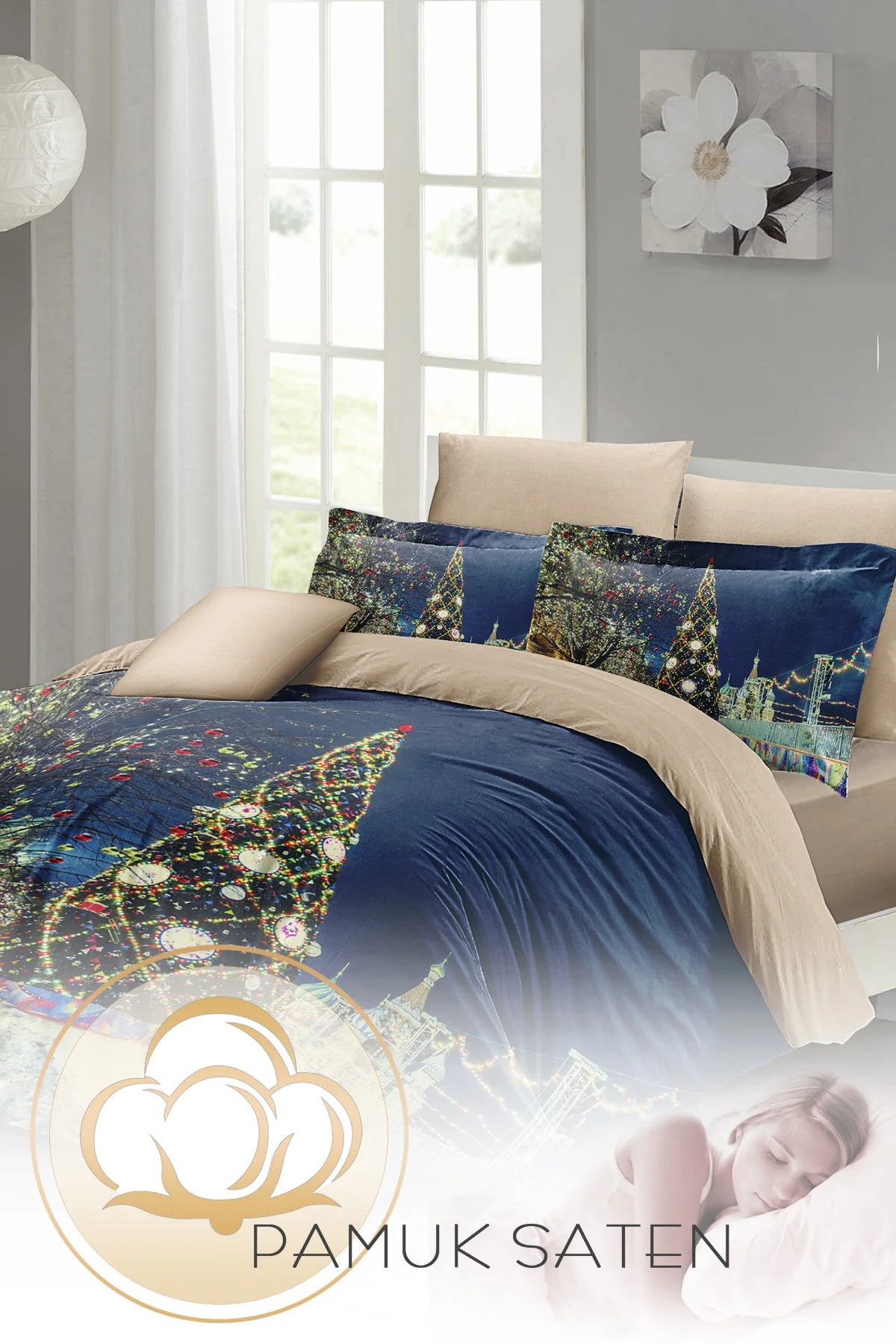 Yılbaşı Nevresim Takım %100 Doğal Pamuk Merry Christmas Çift Kişilik Starry Tree