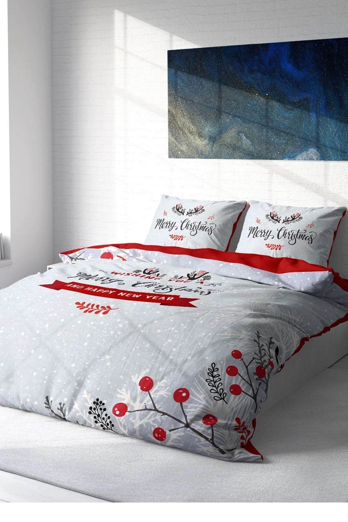Yılbaşı Nevresim Takım %100 Doğal Pamuk Merry Christmas Çift Kişilik Wishing You