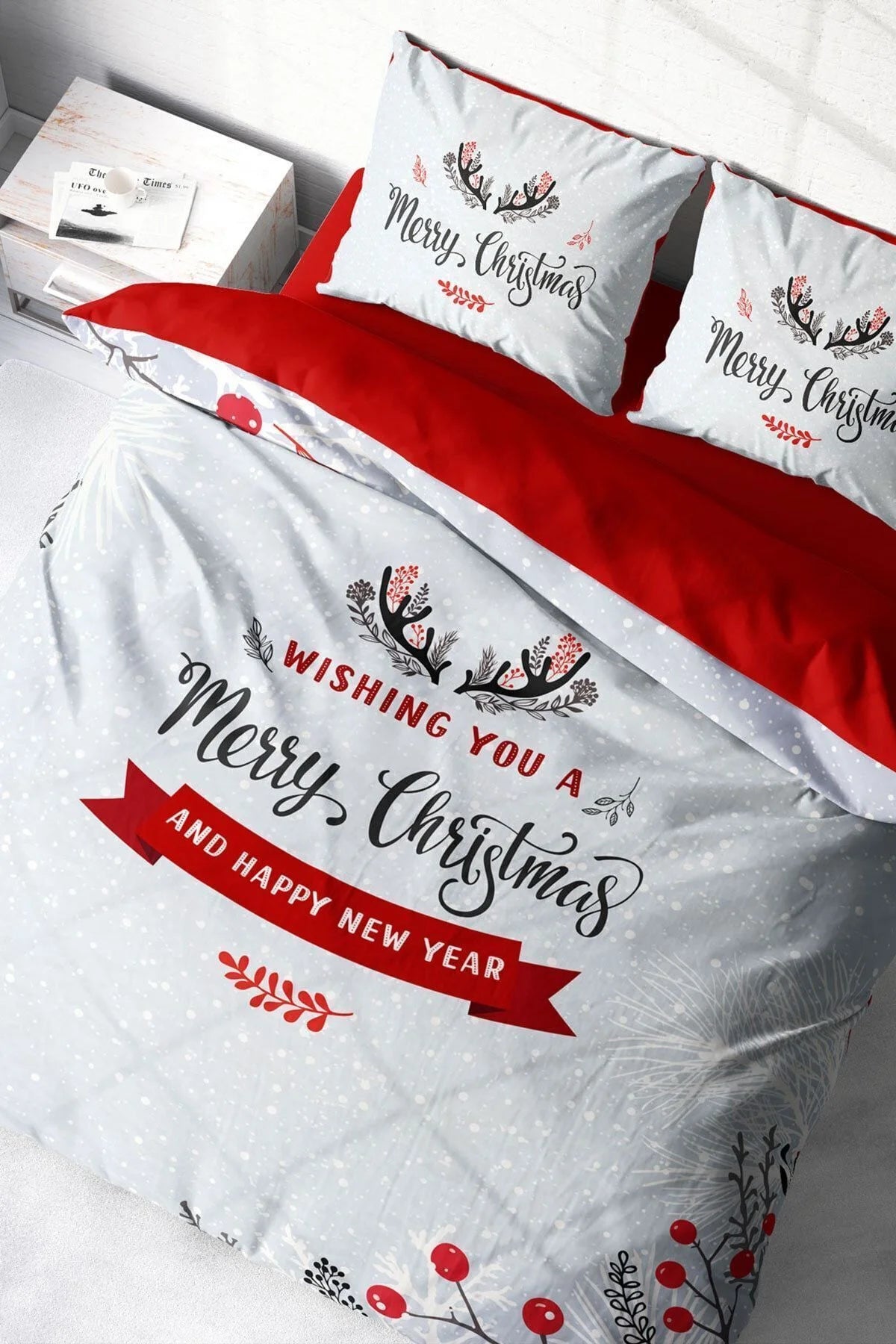 Yılbaşı Nevresim Takım %100 Doğal Pamuk Merry Christmas Çift Kişilik Wishing You