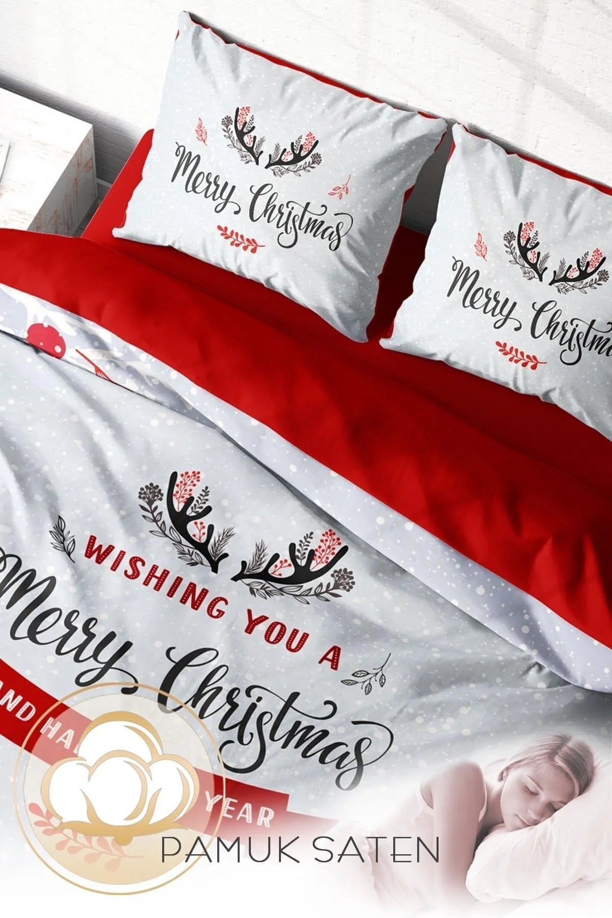 Yılbaşı Nevresim Takım %100 Doğal Pamuk Merry Christmas Çift Kişilik Wishing You