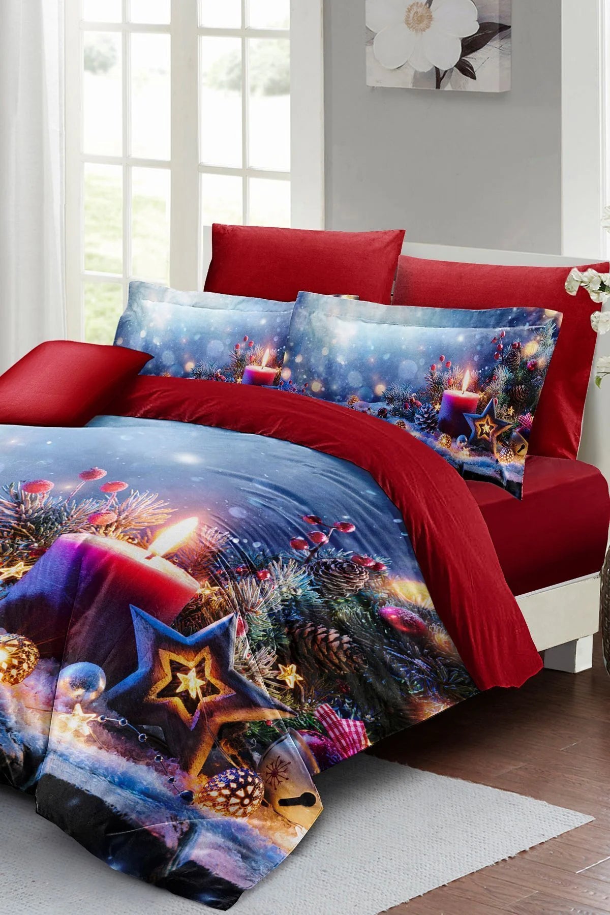 Yılbaşı Nevresim Takımı Çift Kişilik %100 Pamuk Saten Christmas Candle