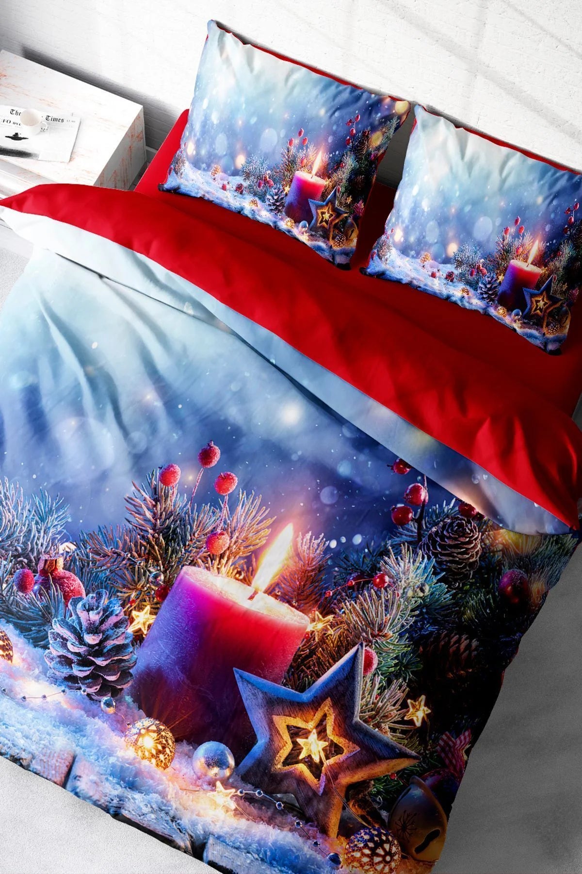 Yılbaşı Nevresim Takımı Çift Kişilik %100 Pamuk Saten Christmas Candle