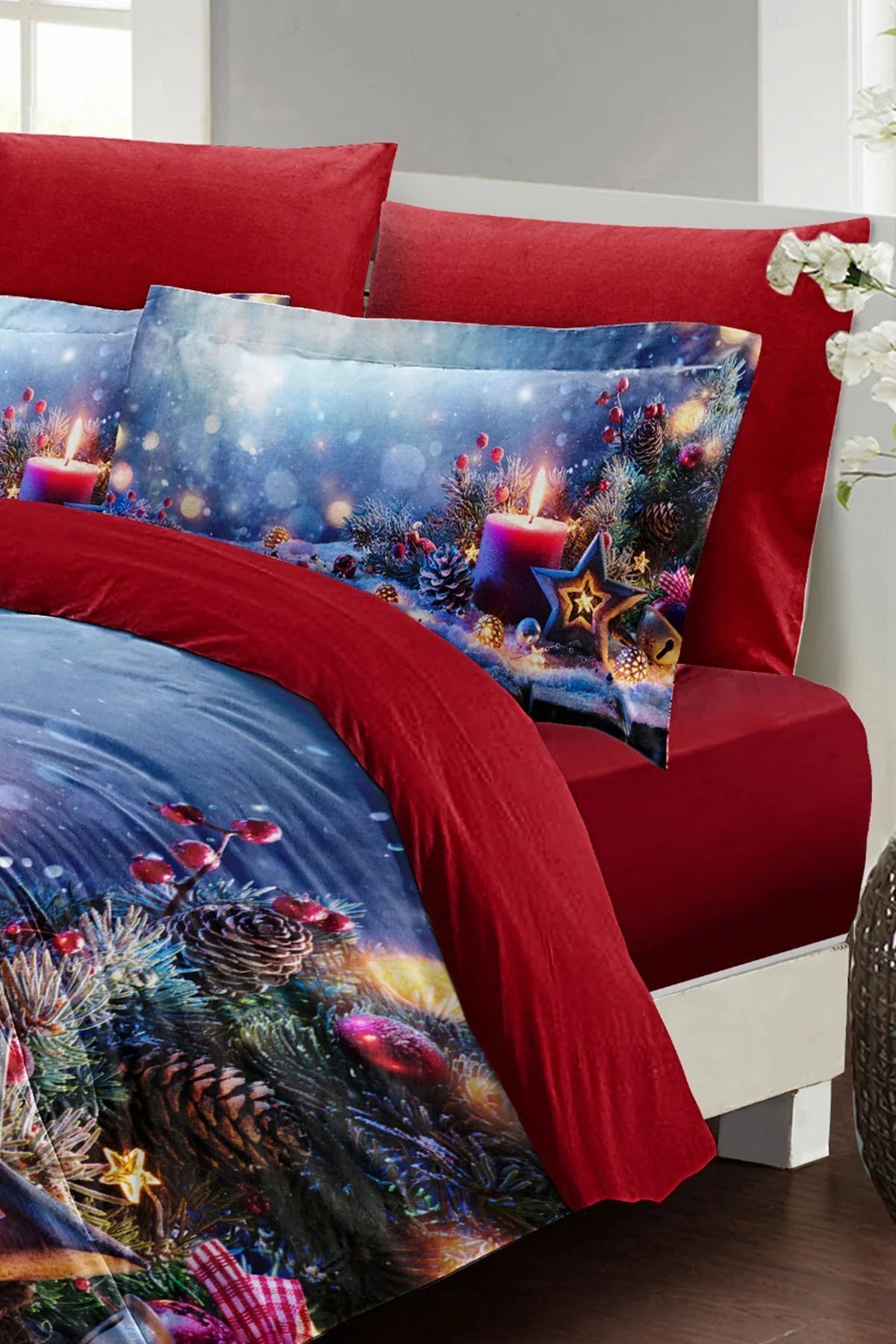 Yılbaşı Nevresim Takımı Çift Kişilik %100 Pamuk Saten Christmas Candle