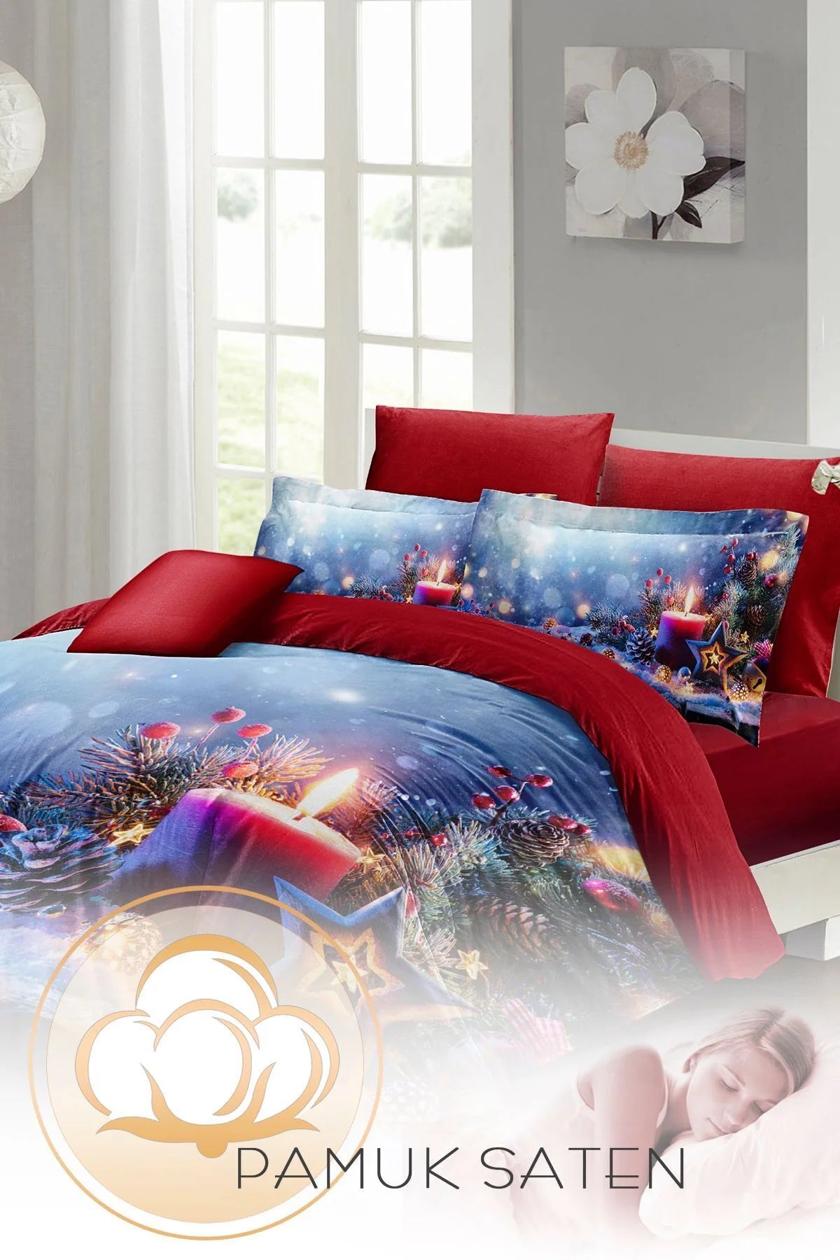 Yılbaşı Nevresim Takımı Çift Kişilik %100 Pamuk Saten Christmas Candle