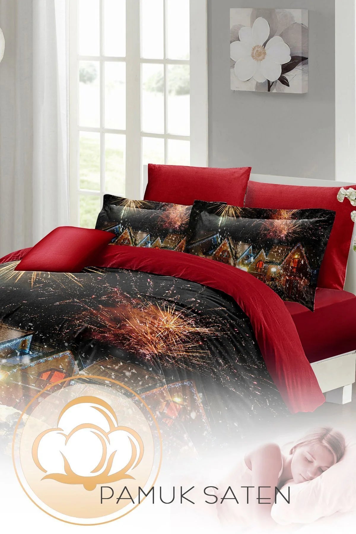 Yılbaşı Nevresim Takımı Çift Kişilik %100 Pamuk Saten Nights Houses