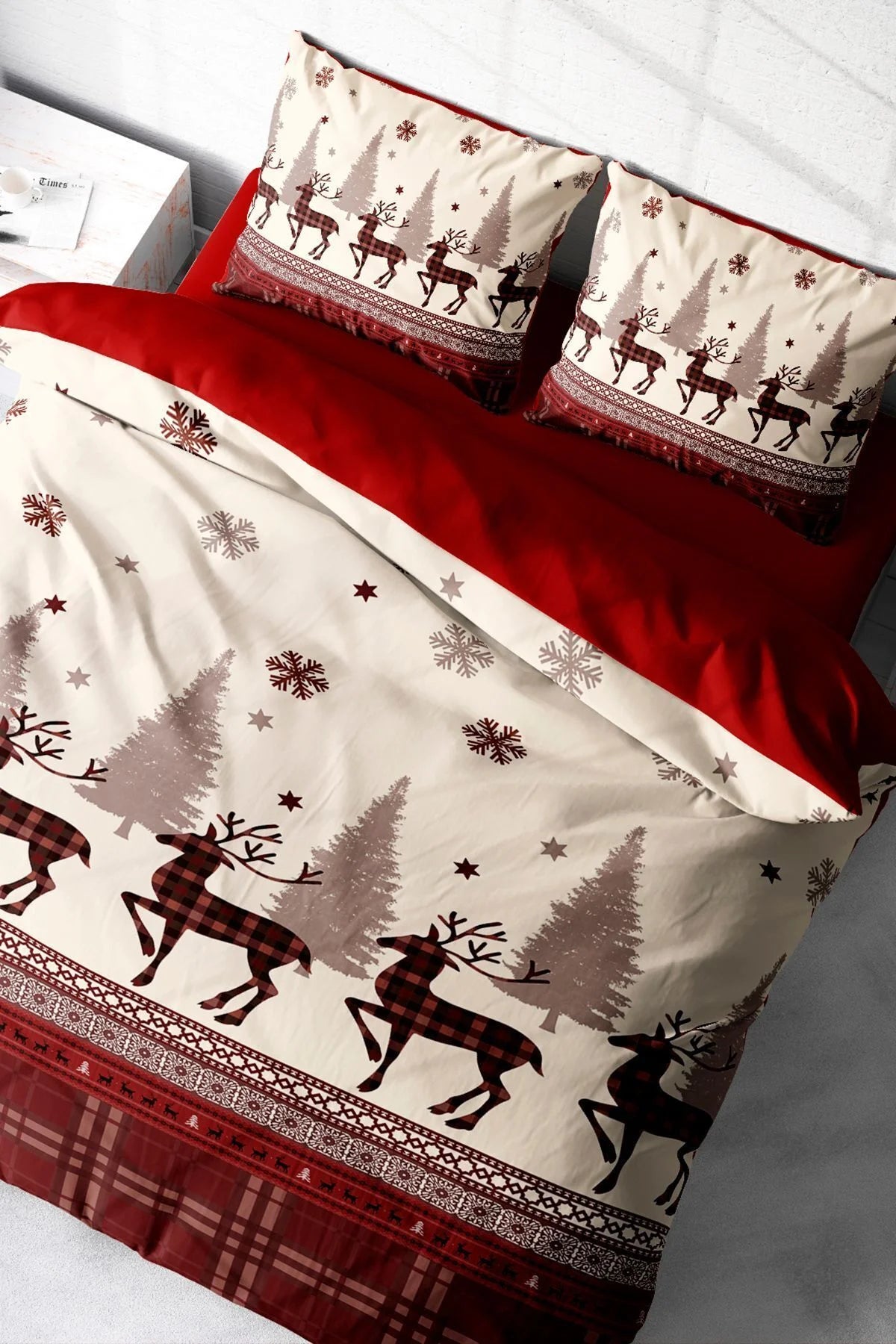 Yılbaşı Nevresim Takımı Çift Kişilik %100 Pamuk Saten Red Deers