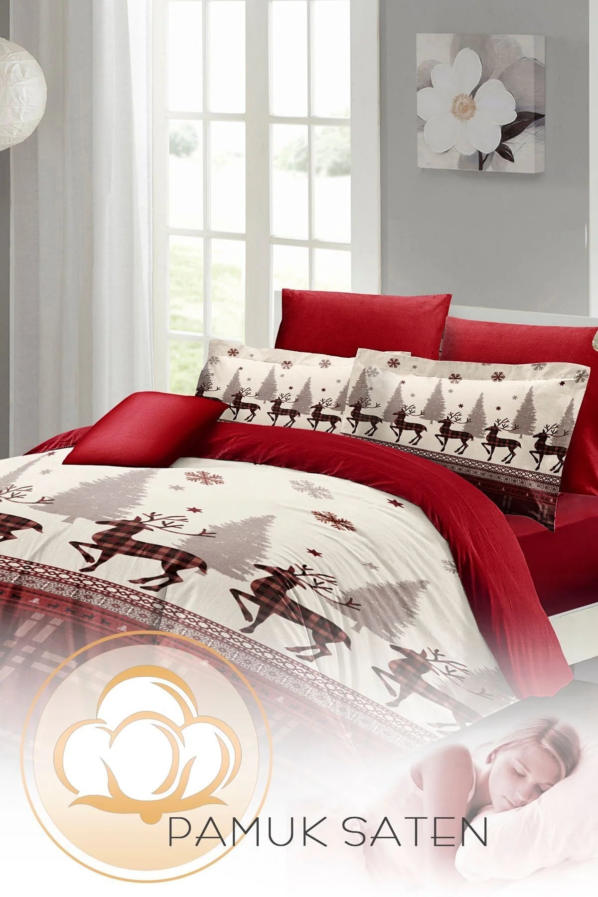 Yılbaşı Nevresim Takımı Çift Kişilik %100 Pamuk Saten Red Deers