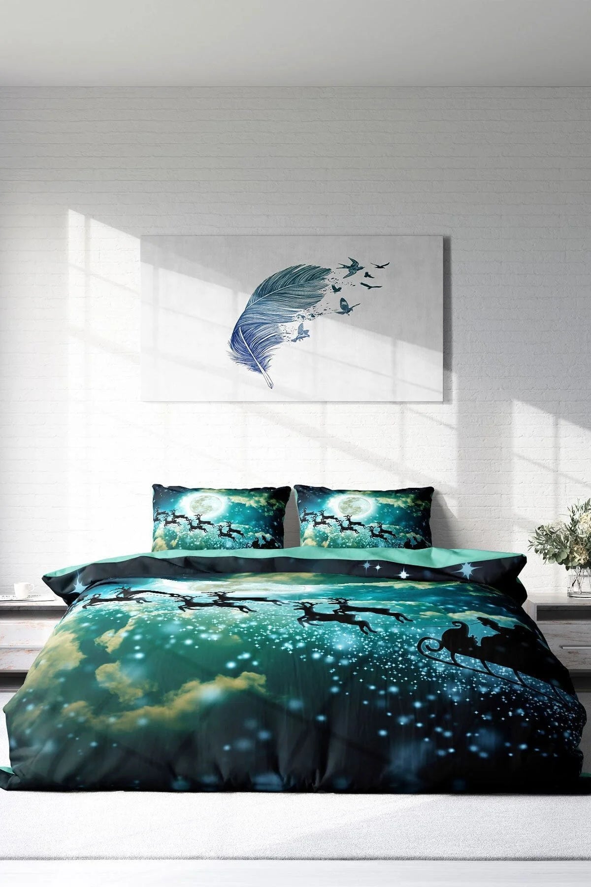 Yılbaşı Nevresim Takımı Ny Deer 3D Dijital Baskılı Çift Kişilik Nevresim Takımı