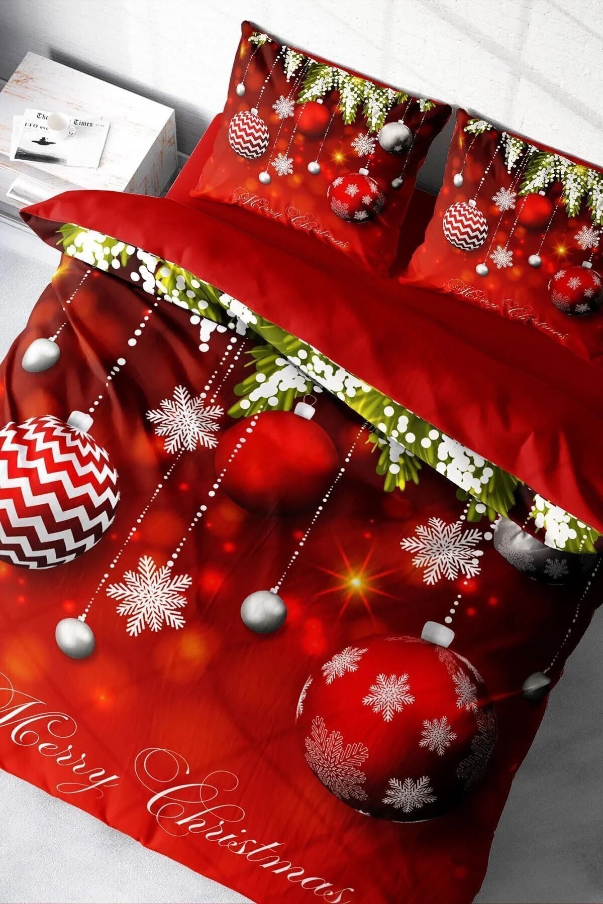 Yılbaşı Nevresim Takımı Özel Tasarım Pamuk Saten 3D Dijital Balls