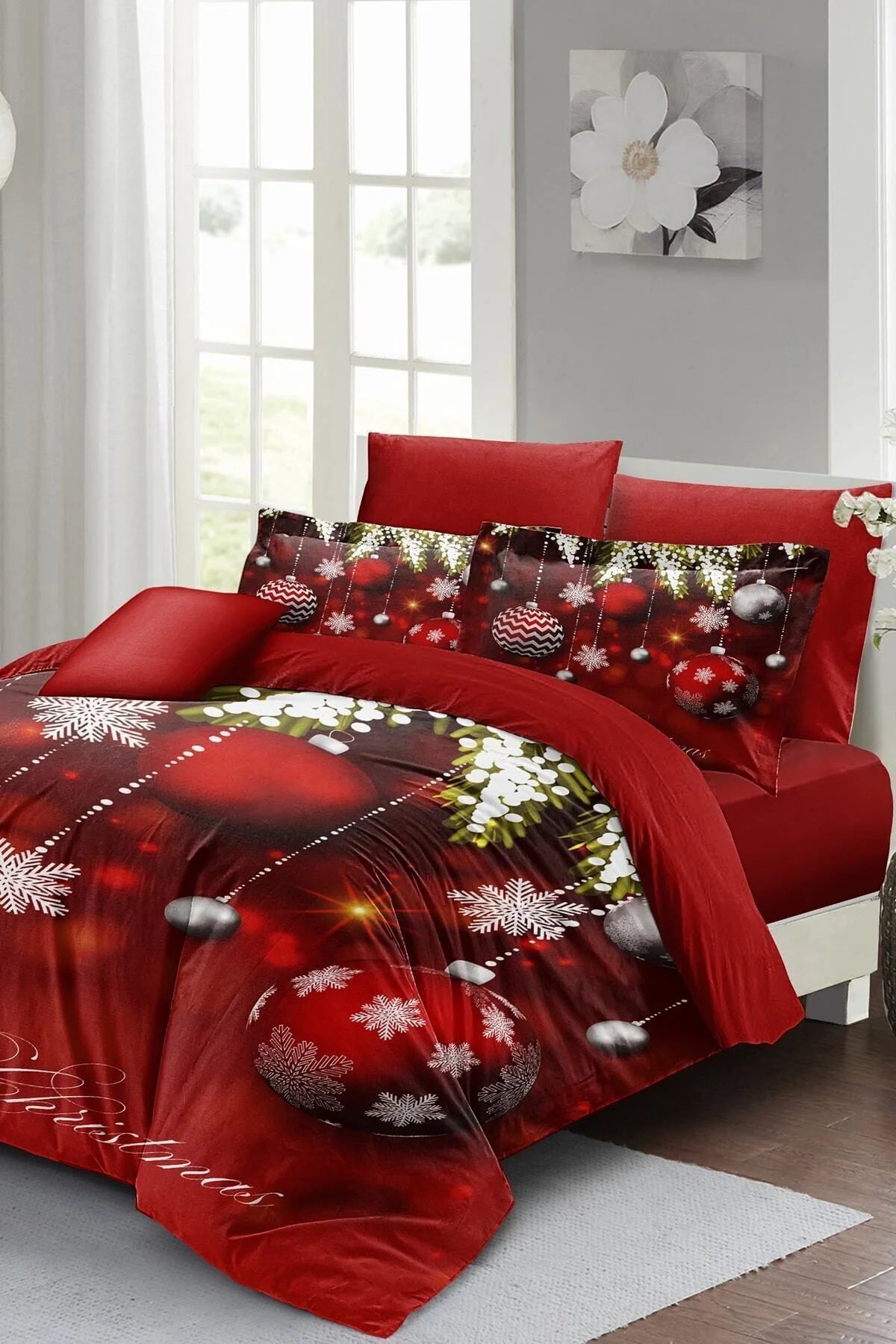 Yılbaşı Nevresim Takımı Özel Tasarım Pamuk Saten 3D Dijital Balls