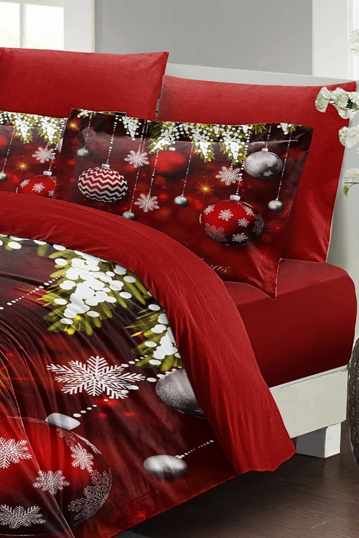 Yılbaşı Nevresim Takımı Özel Tasarım Pamuk Saten 3D Dijital Balls