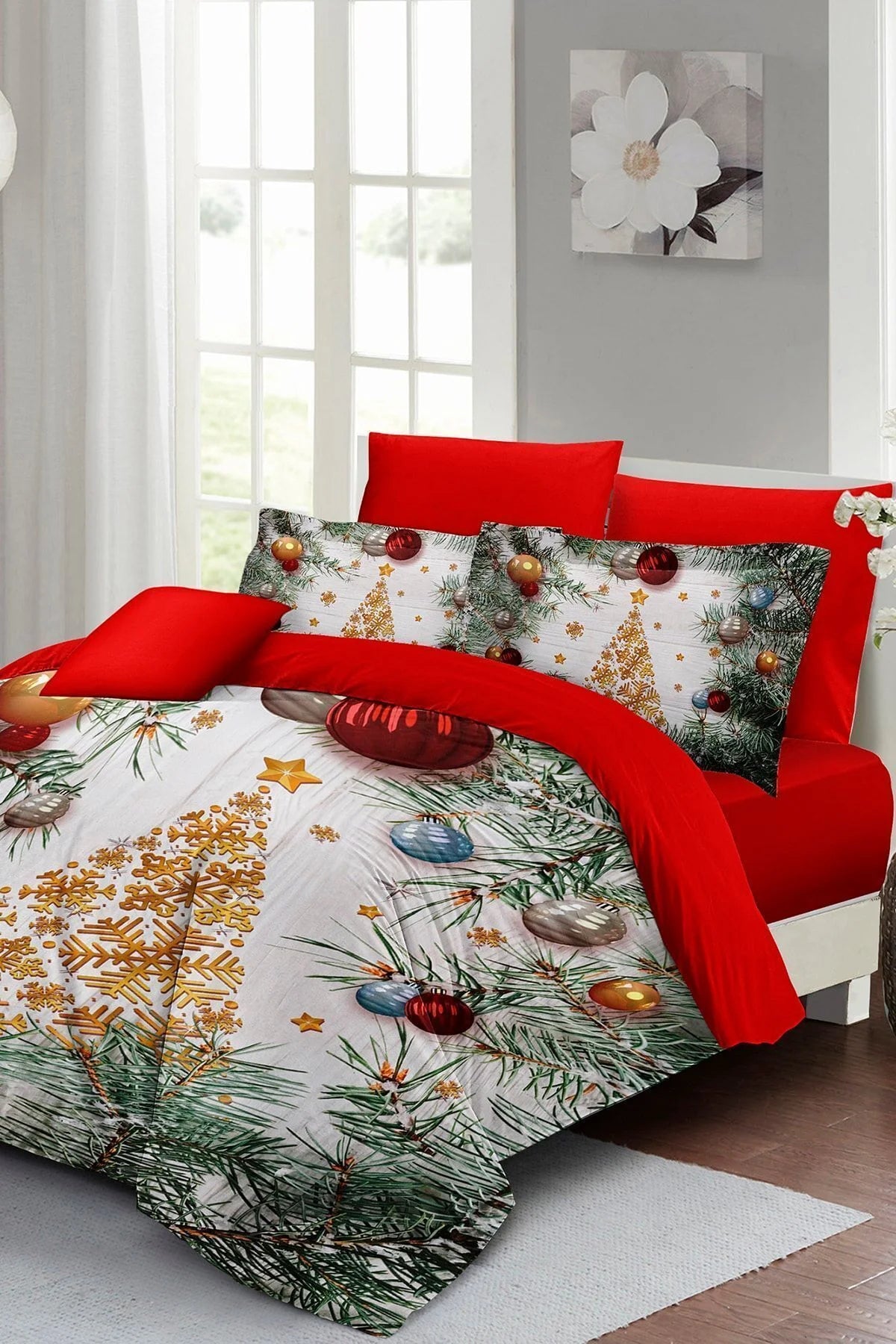 Yılbaşı Nevresim Takımı %100 Doğal Pamuk Merry Christmas Çift Kişilik Pine