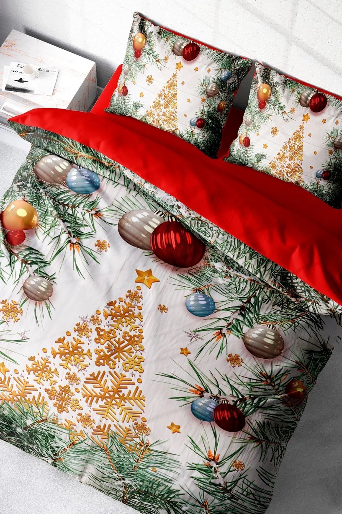 Yılbaşı Nevresim Takımı %100 Doğal Pamuk Merry Christmas Çift Kişilik Pine