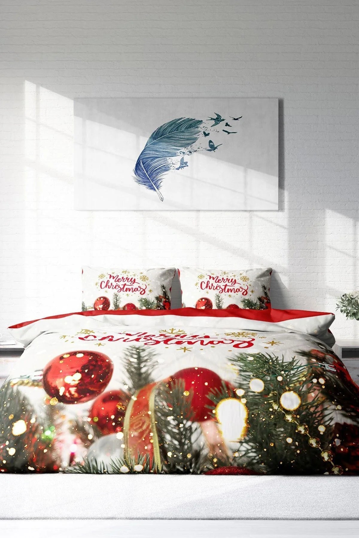 Yılbaşı Özel Tasarım Nevresim Takımı 3D Dijital Pamuk Saten Çift Kişilik Merry Chiristmas