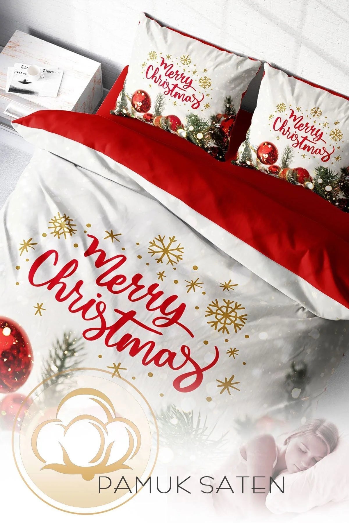 Yılbaşı Özel Tasarım Nevresim Takımı 3D Dijital Pamuk Saten Çift Kişilik Merry Chiristmas