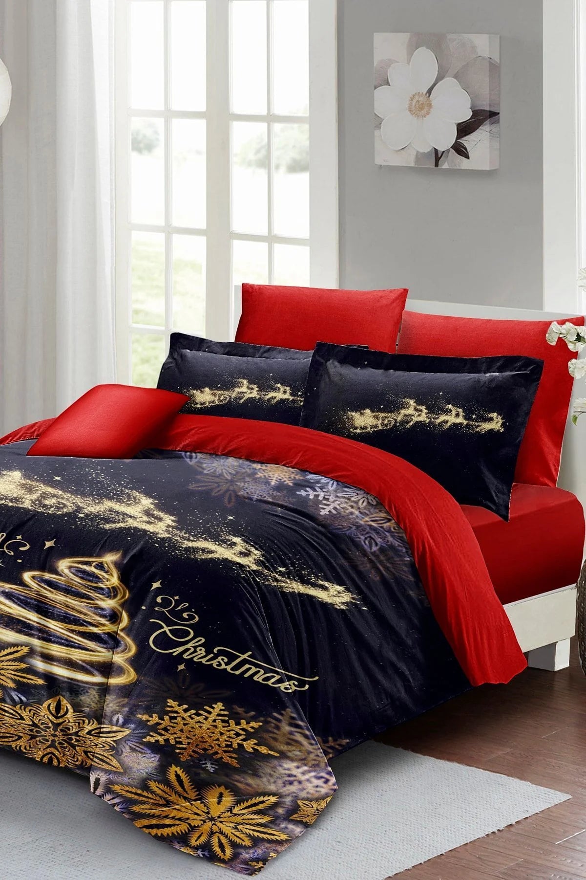 Yılbaşı Süsü Black & Red Noel %100 Pamuk Saten 3D Çift Kişilik Nevresim Takımı