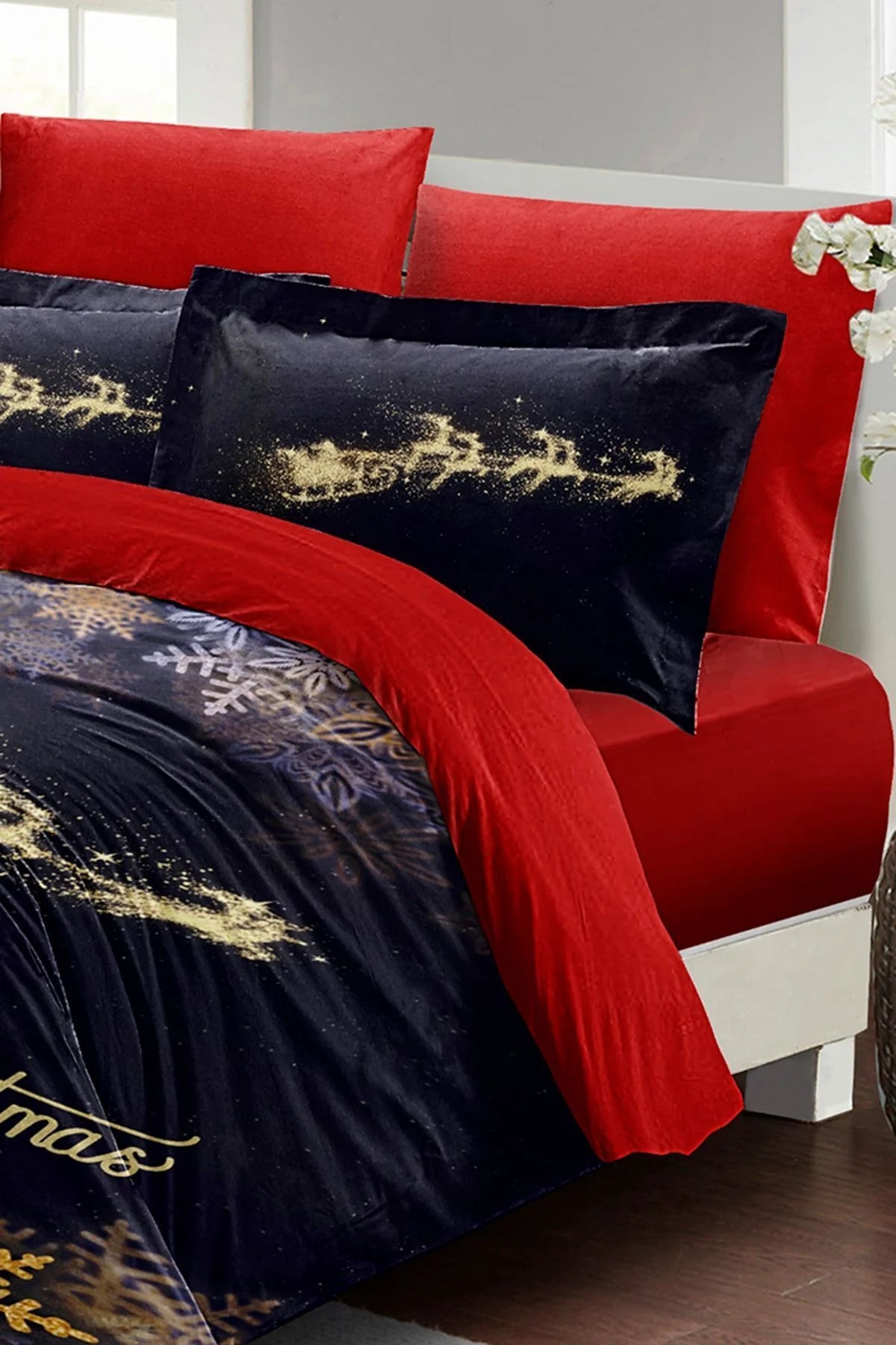 Yılbaşı Süsü Black & Red Noel %100 Pamuk Saten 3D Çift Kişilik Nevresim Takımı