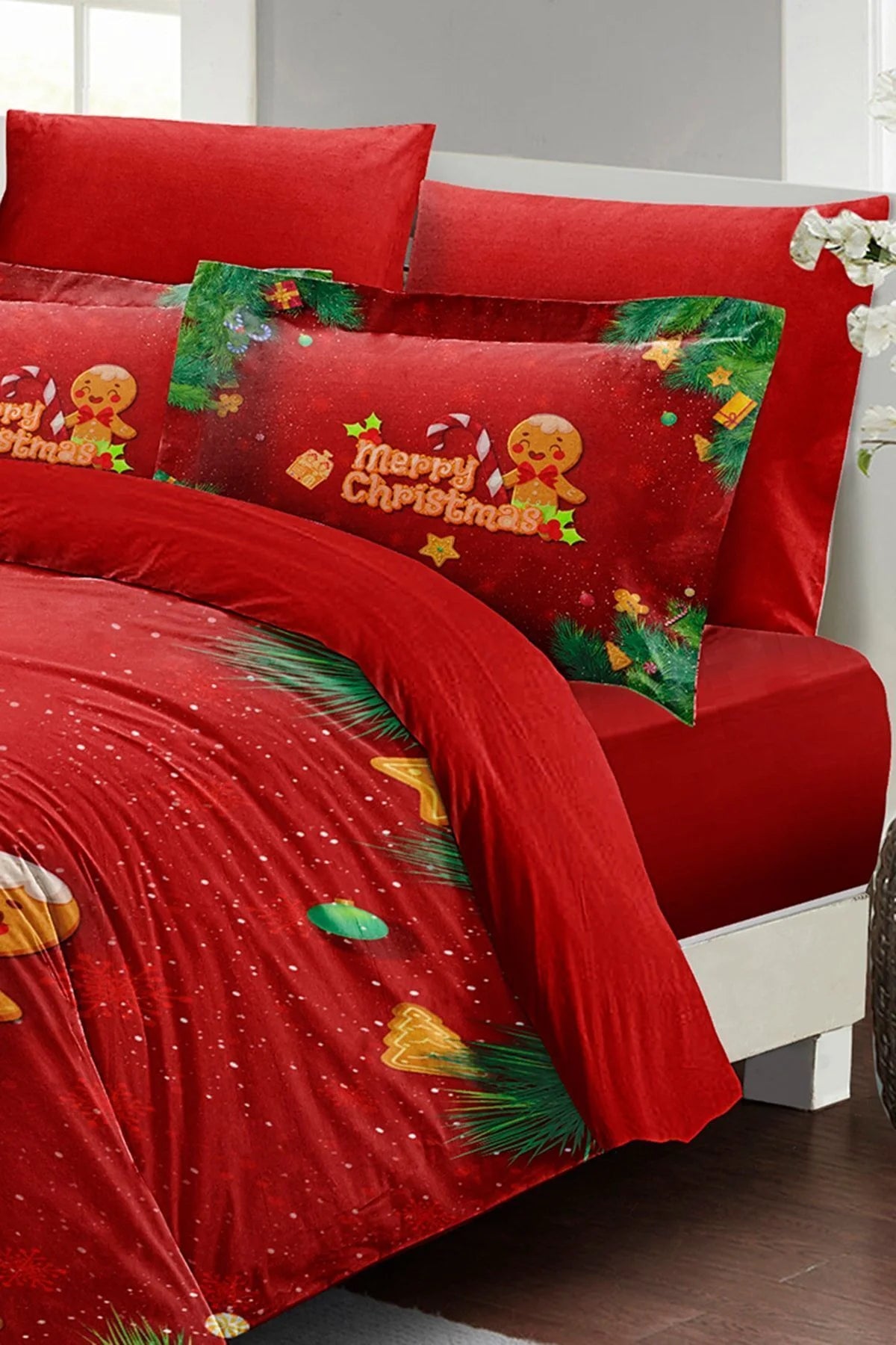 Yılbaşı Süsü Cookie Noel %100 Pamuk Saten 3D Çift Kişilik Nevresim Takımı