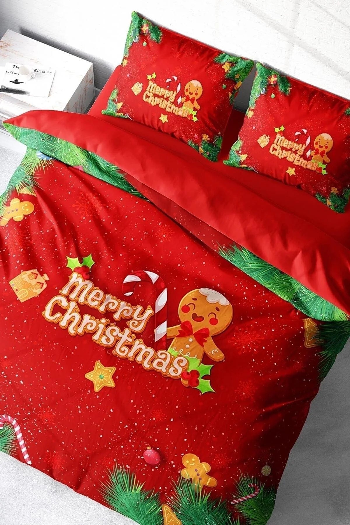 Yılbaşı Süsü Cookie Noel %100 Pamuk Saten 3D Çift Kişilik Nevresim Takımı