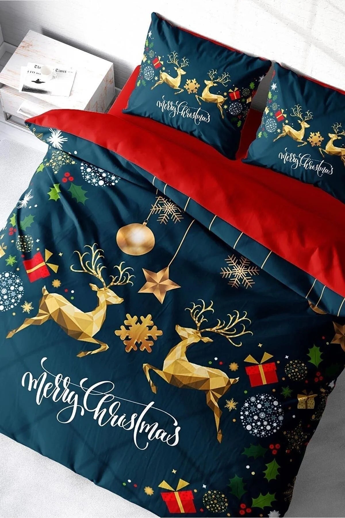 Yılbaşı Süsü Dark Deer Noel %100 Pamuk Saten 3D Çift Kişilik Nevresim Takımı