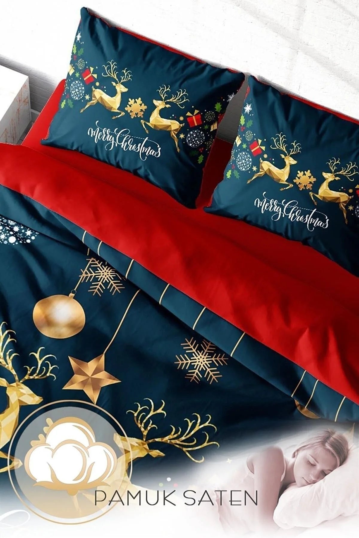 Yılbaşı Süsü Dark Deer Noel %100 Pamuk Saten 3D Çift Kişilik Nevresim Takımı